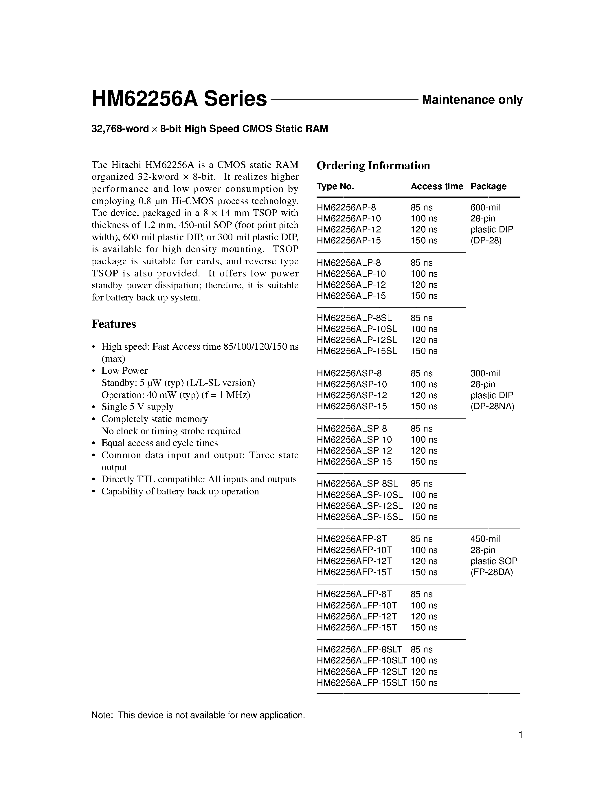 Даташит HM62256ALP-8 - 32/768-word x 8-bit High Speed CMOS Static RAM страница 1