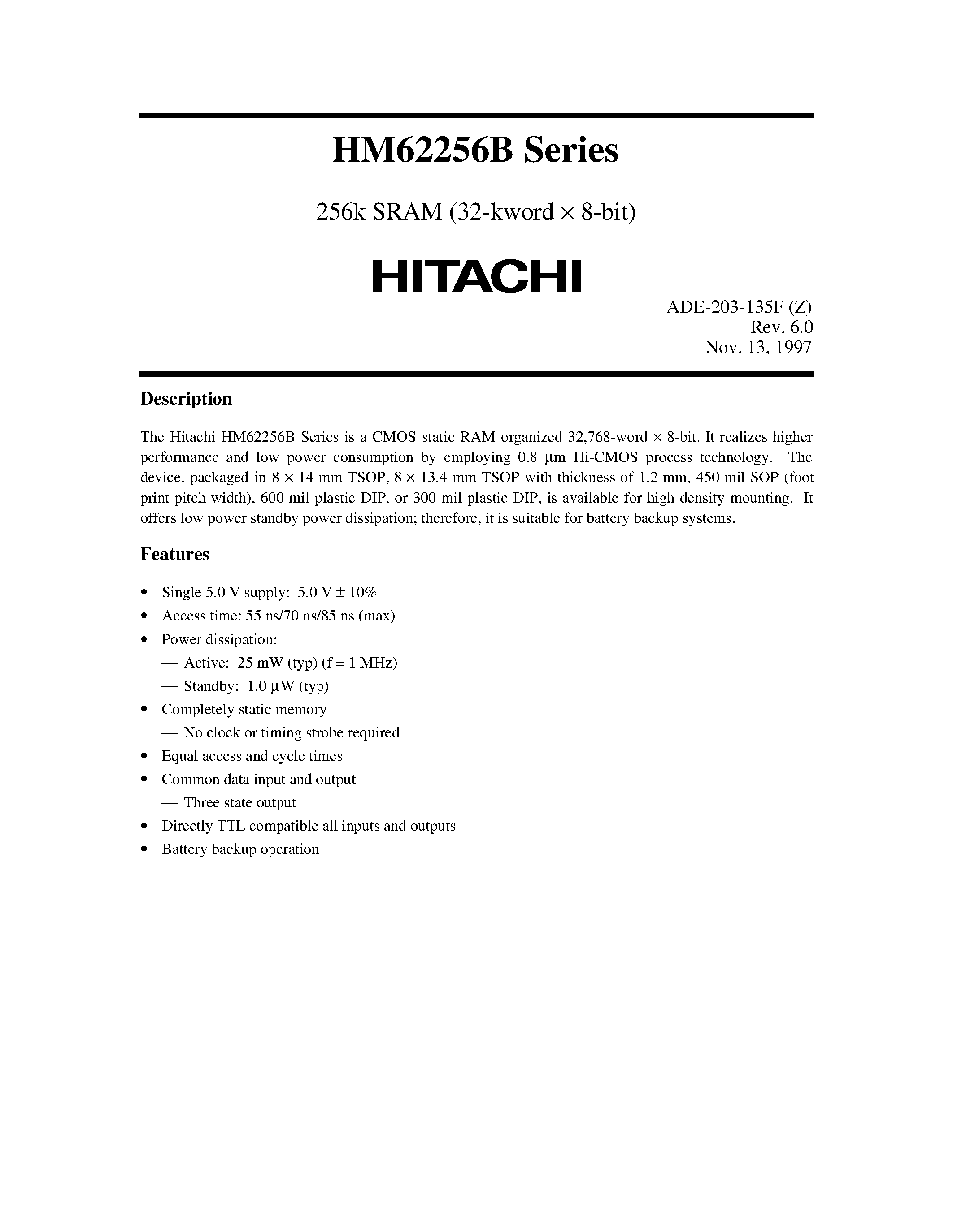 Datasheet HM62256BLTM-8 - 256k SRAM (32-kword x 8-bit) page 1