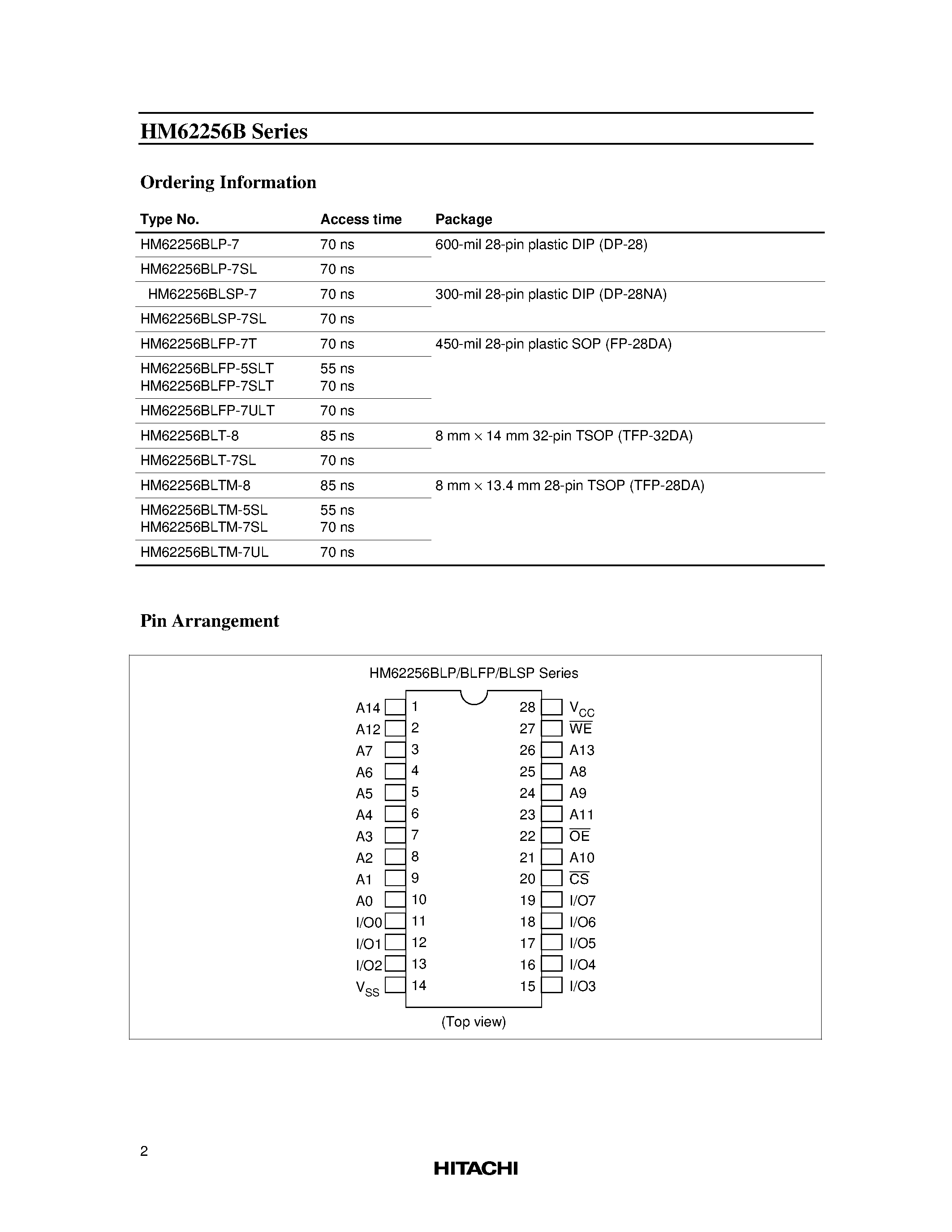 Datasheet HM62256BLTM-8 - 256k SRAM (32-kword x 8-bit) page 2