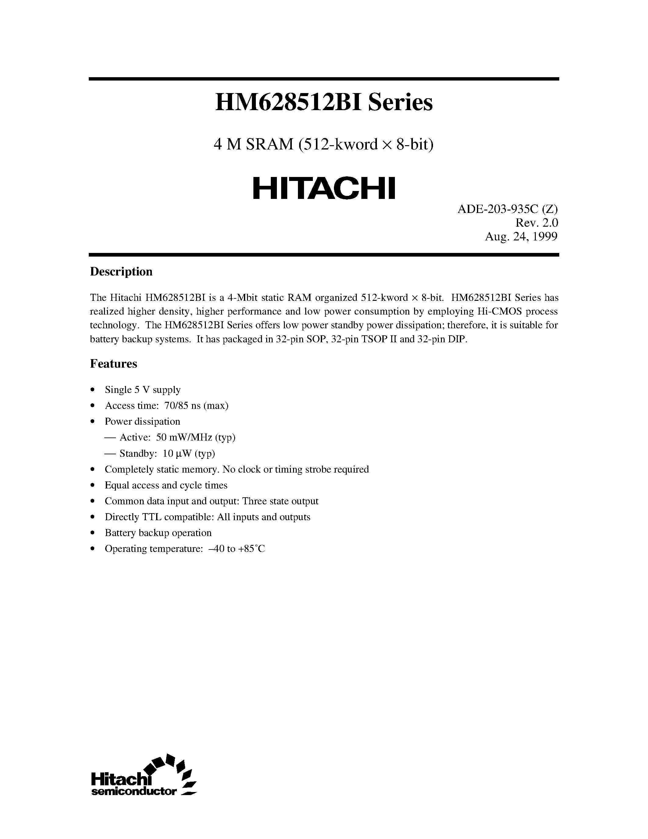 Datasheet HM628512BLPI-8 - 4 M SRAM (512-kword x 8-bit) page 1