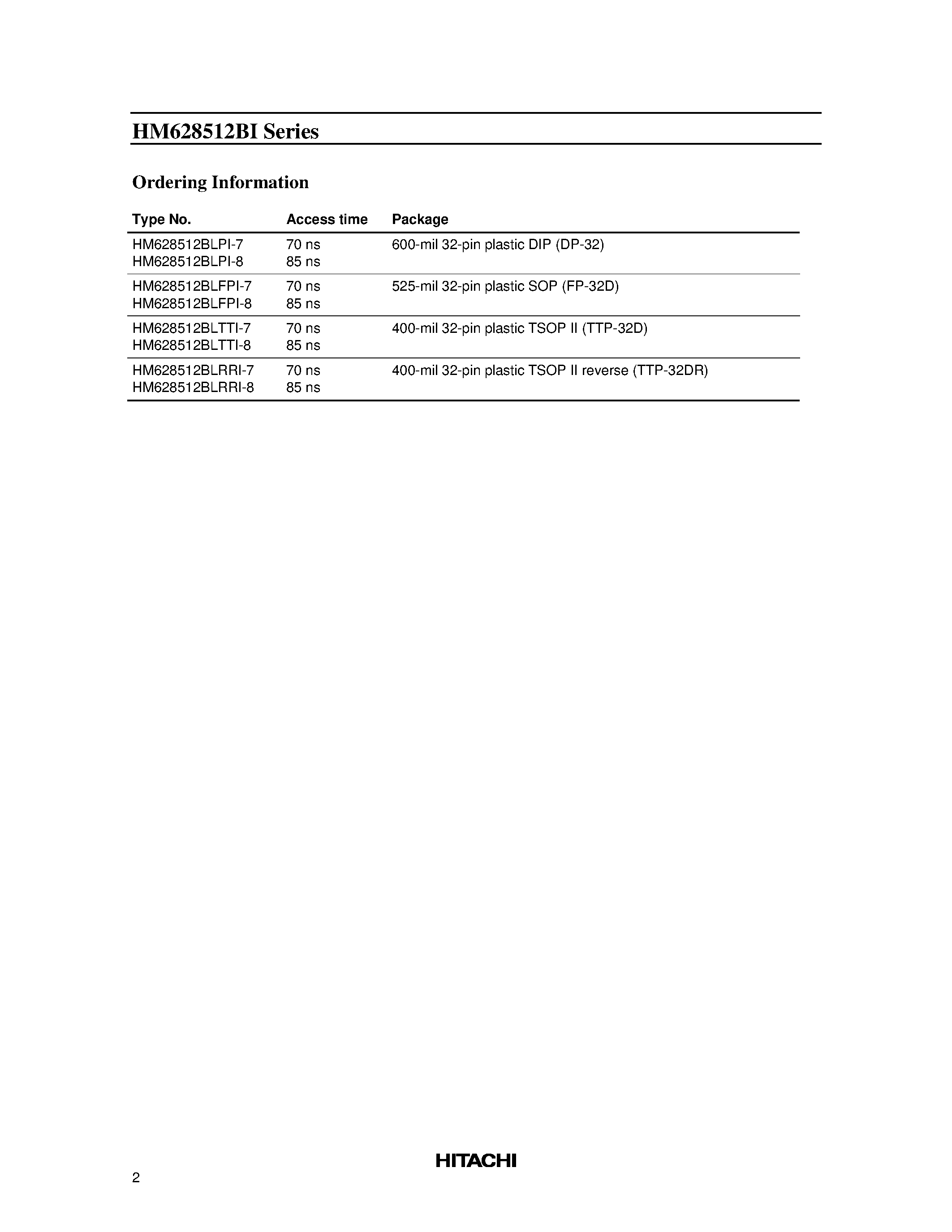 Datasheet HM628512BLTTI-8 - 4 M SRAM (512-kword x 8-bit) page 2