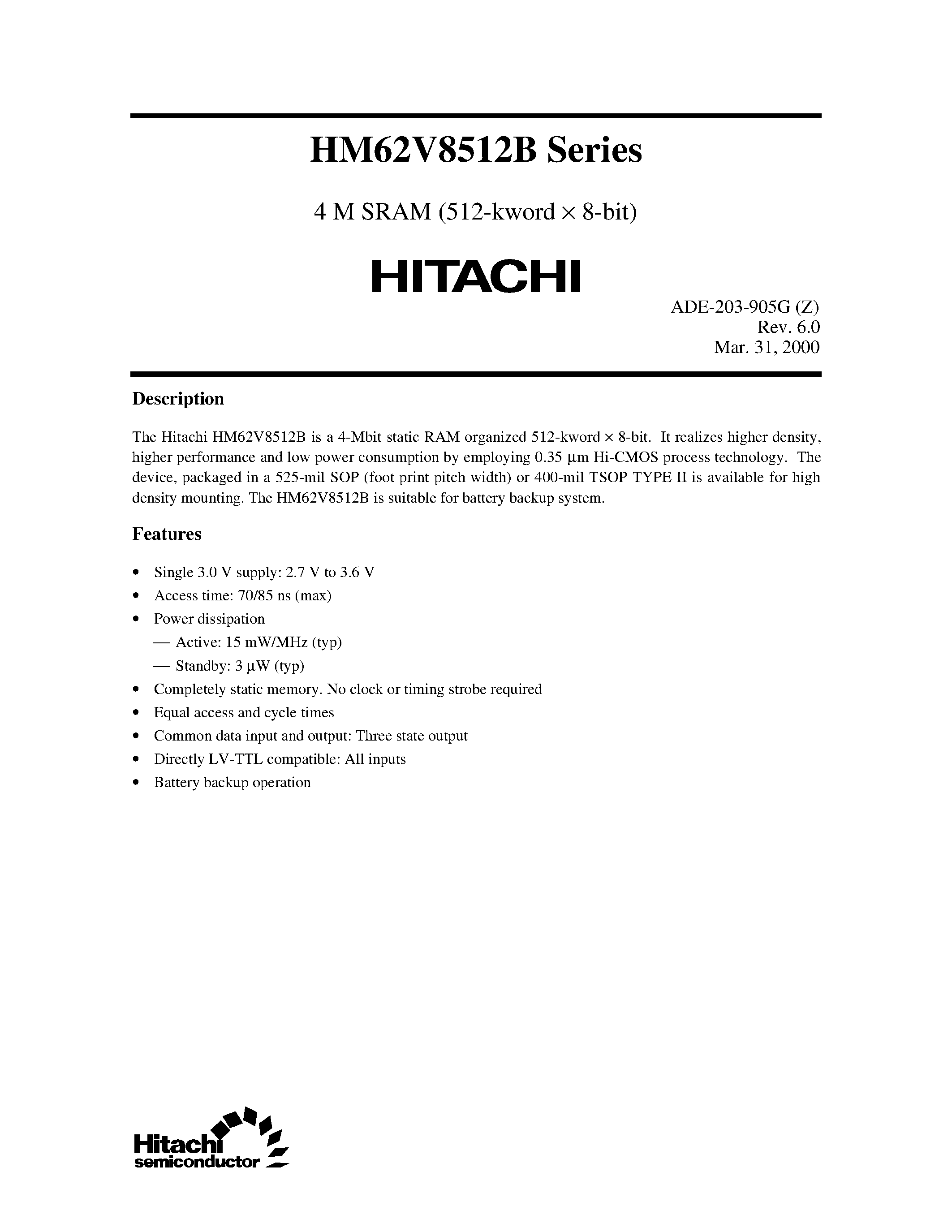 Datasheet HM62V8512BLFP-8 - 4 M SRAM (512-kword x 8-bit) page 1