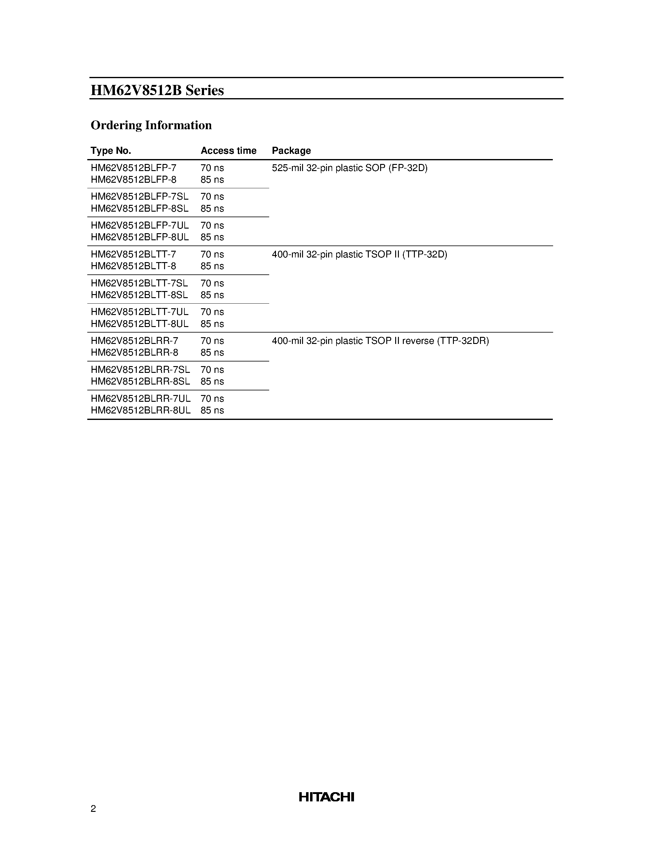 Datasheet HM62V8512BLRR-8 - 4 M SRAM (512-kword x 8-bit) page 2