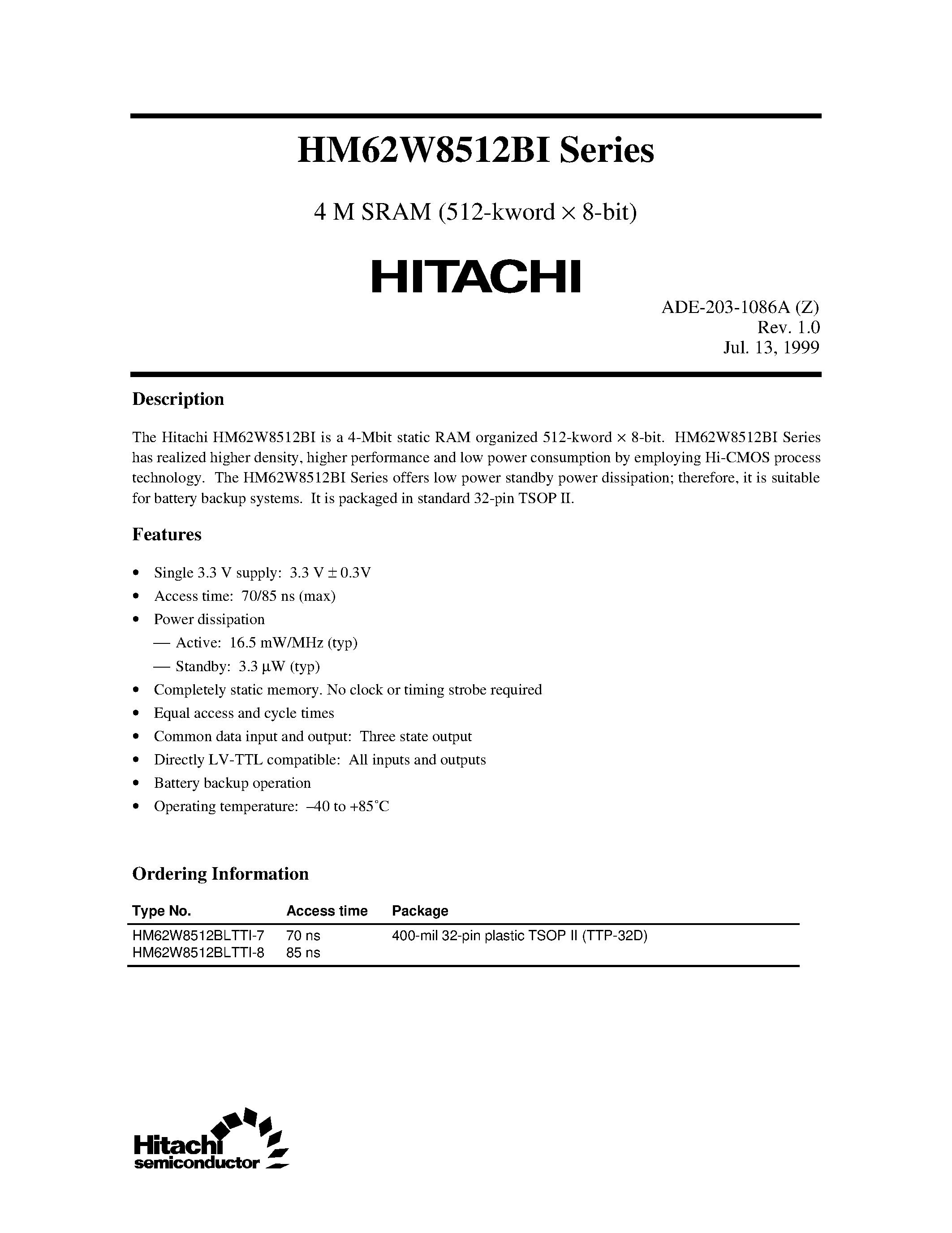 Datasheet HM62W8512BLTTI-8 - 4 M SRAM (512-kword x 8-bit) page 1