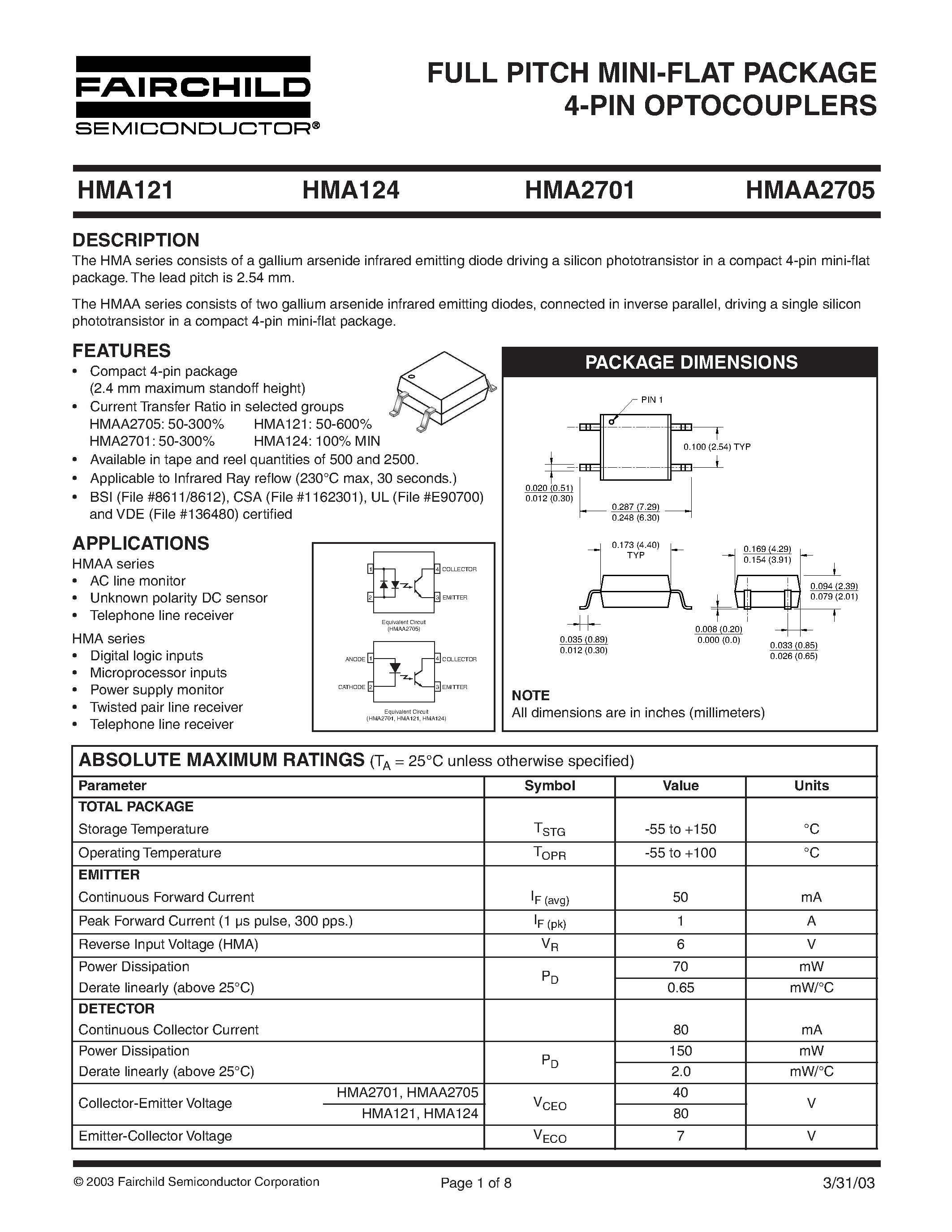 Datasheet HMA121 - FULL PITCH MINI-FLAT PACKAGE 4-PIN OPTOCOUPLERS page 1