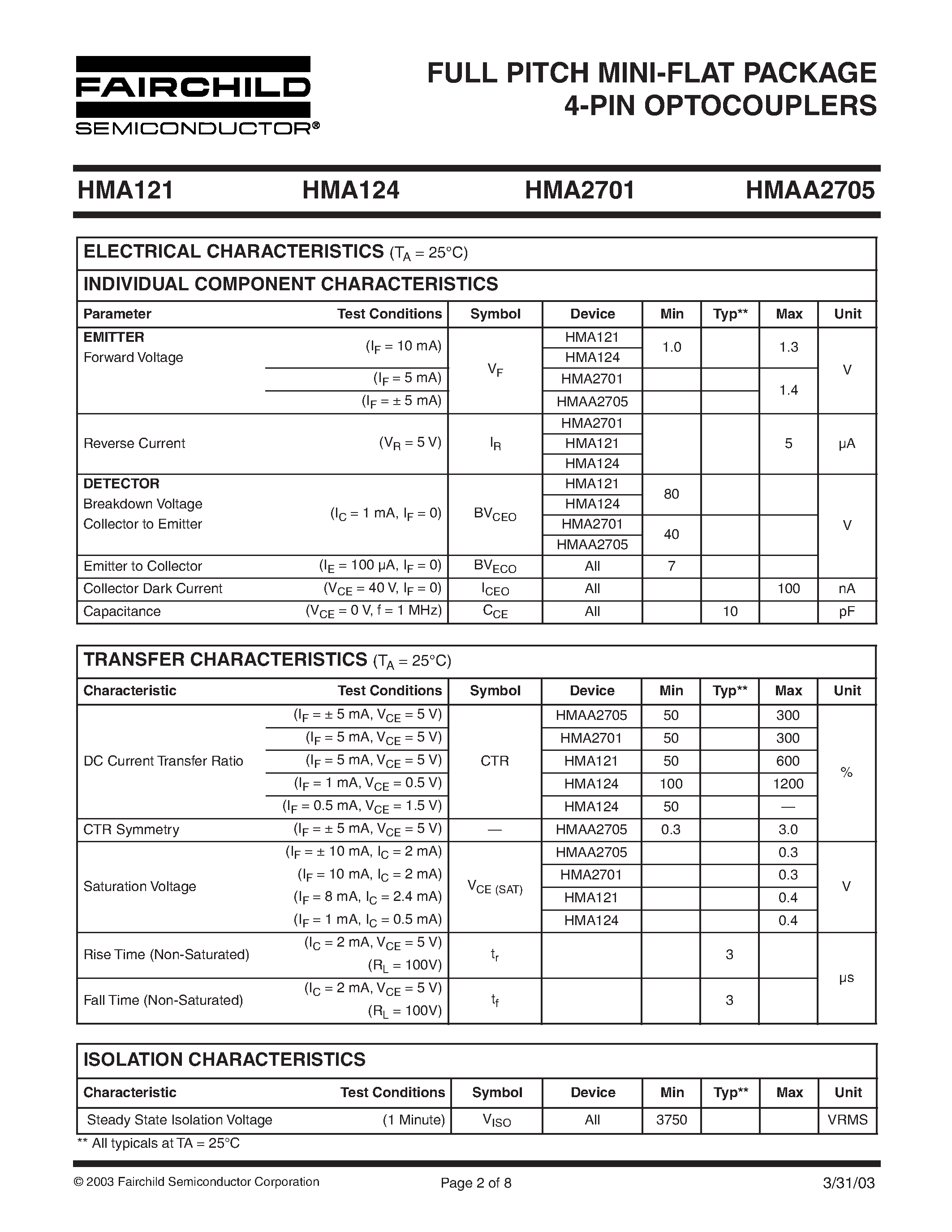 Datasheet HMAA2705 - FULL PITCH MINI-FLAT PACKAGE 4-PIN OPTOCOUPLERS page 2