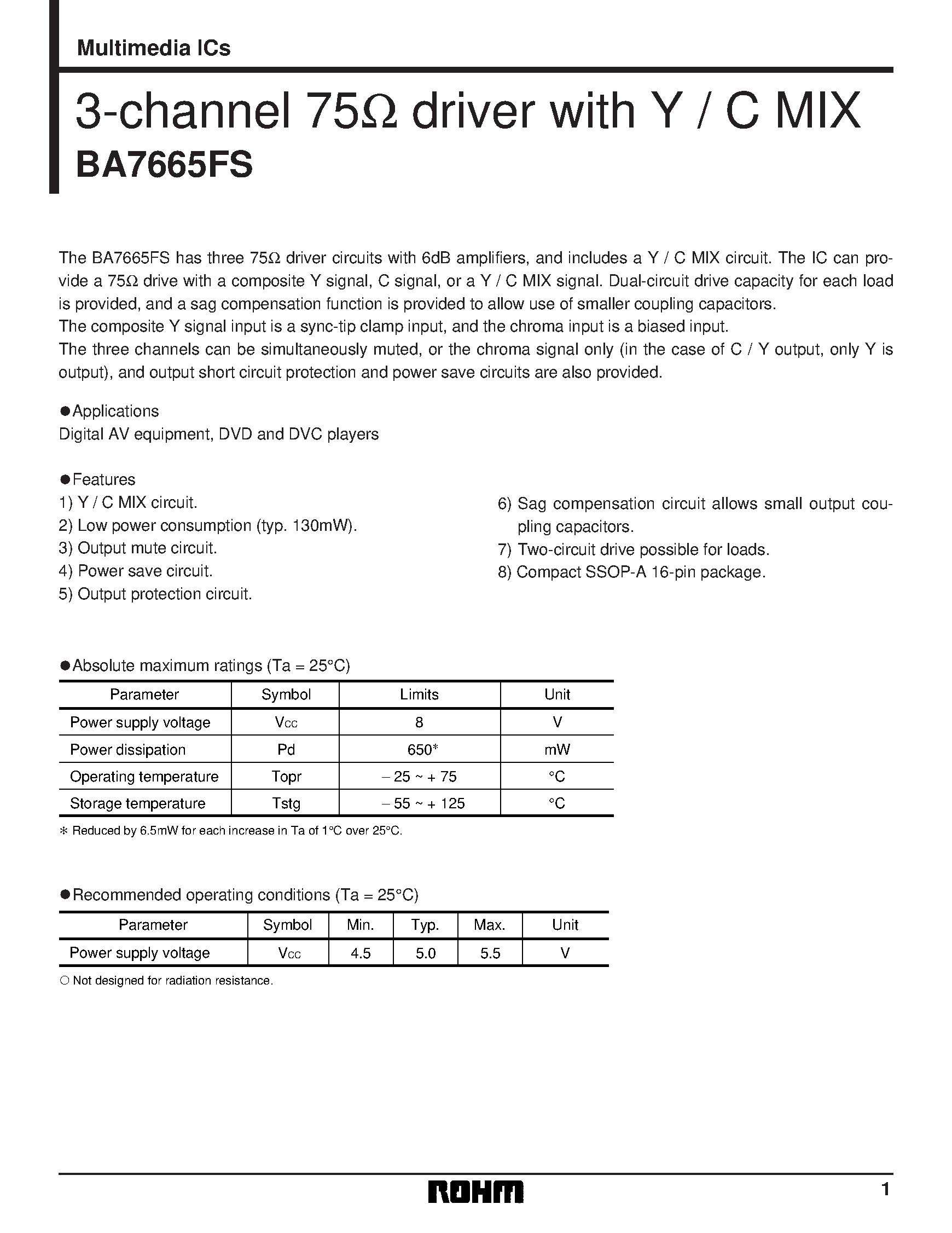 Datasheet BA7665FS - 3-channel 75 driver with Y / C MIX page 1