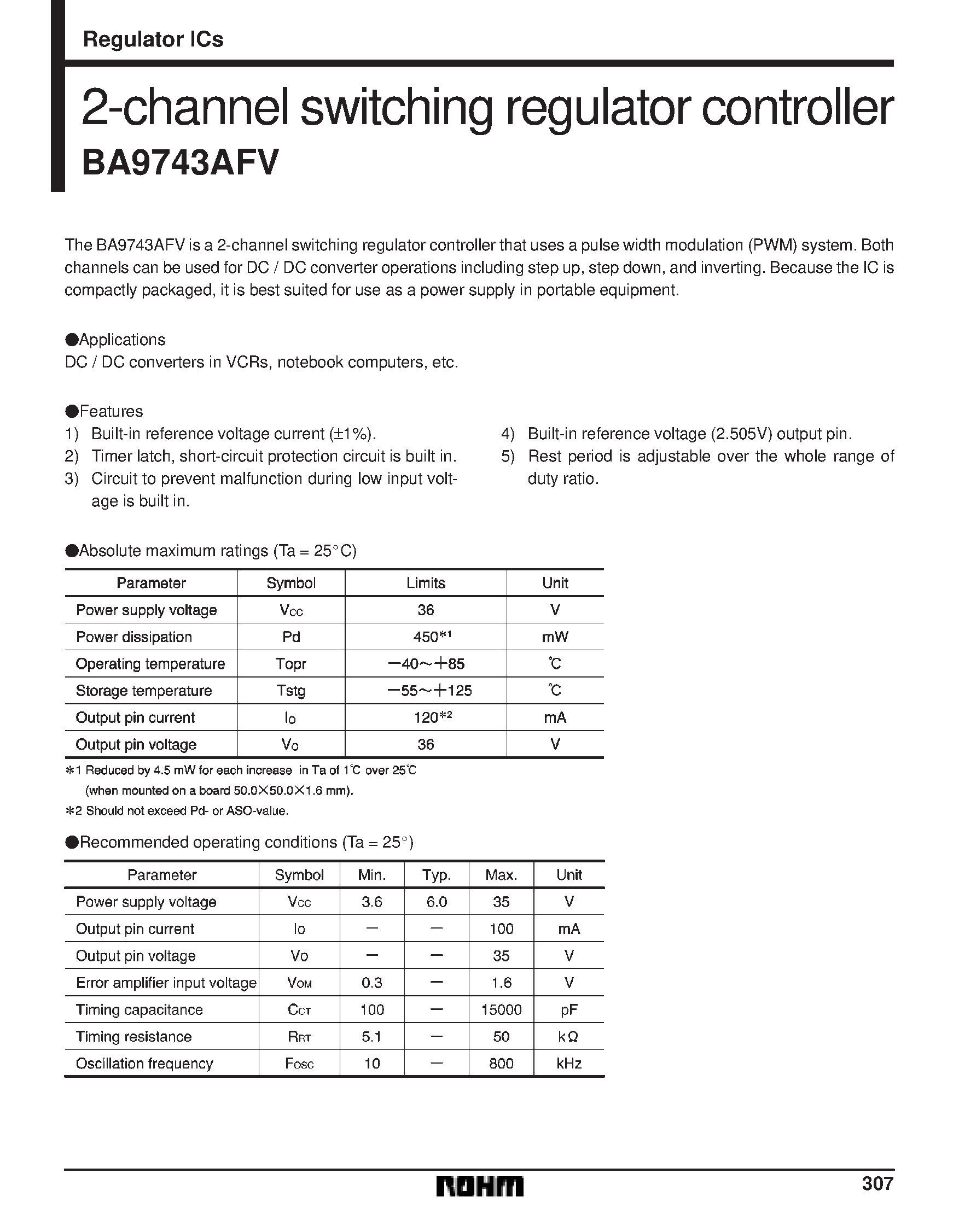 Datasheet BA9743AFV - 2-channel switching regulator controller page 1