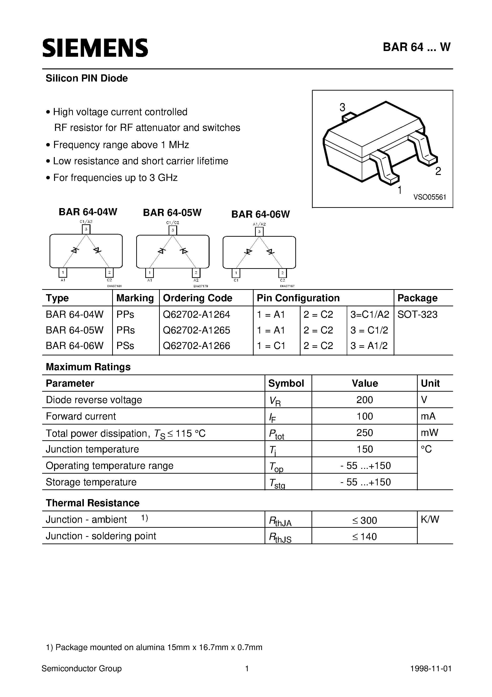 Даташит BAR64-W - Silicon PIN Diode (High voltage current controlled RF resistor for RF attenuator and switches Frequency range above 1 MHz) страница 1