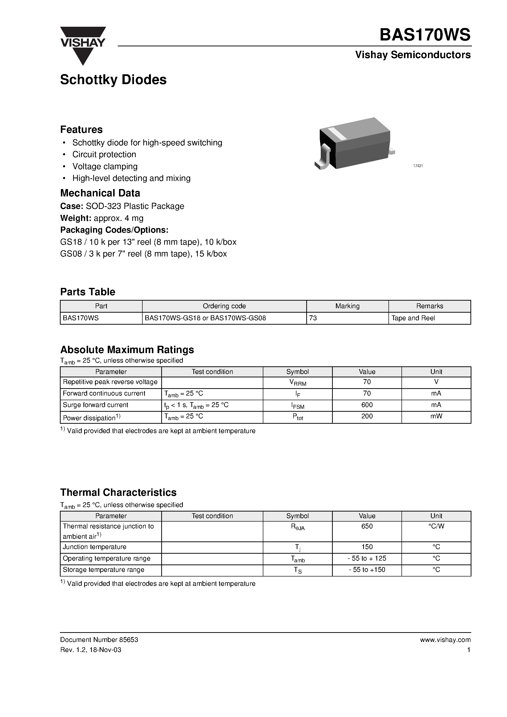 Datasheet BAS170WS-GS18 - Schottky Diodes page 1