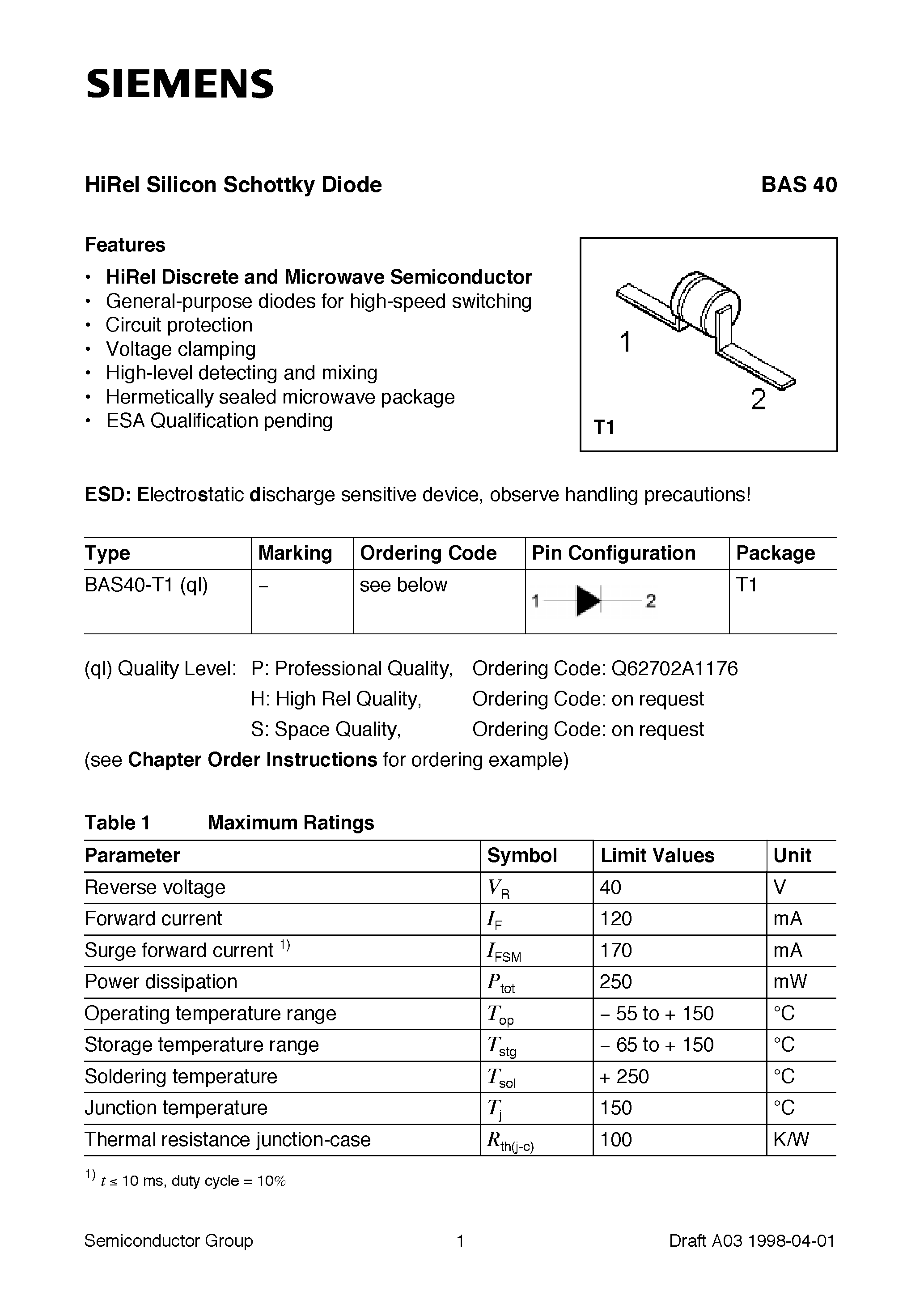 Datasheet BAS40-T1 - HiRel Silicon Schottky Diode (HiRel Discrete and Microwave Semiconductor General-purpose diodes for high-speed switching Circuit protection) page 1