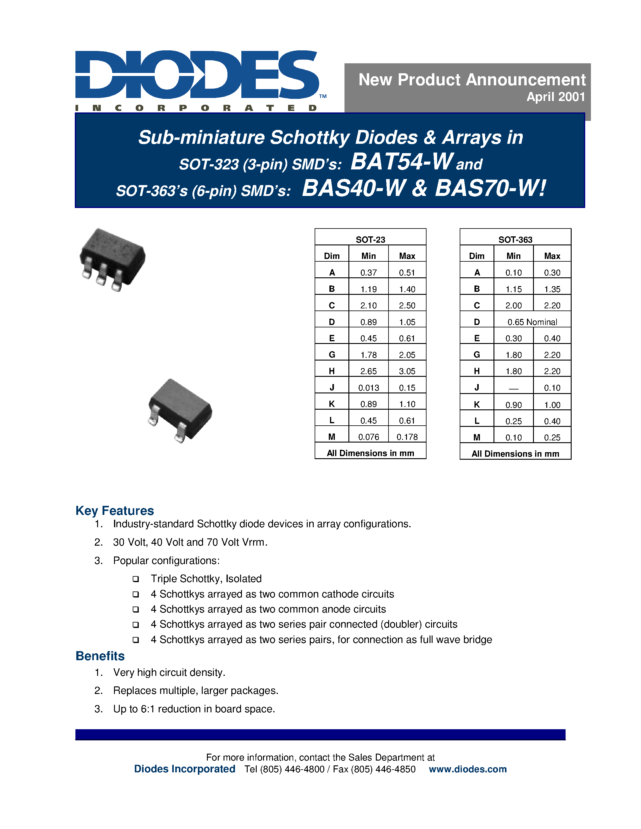 Datasheet BAS40-W - Sub-miniature Schottky Diodes & Arrays in page 1