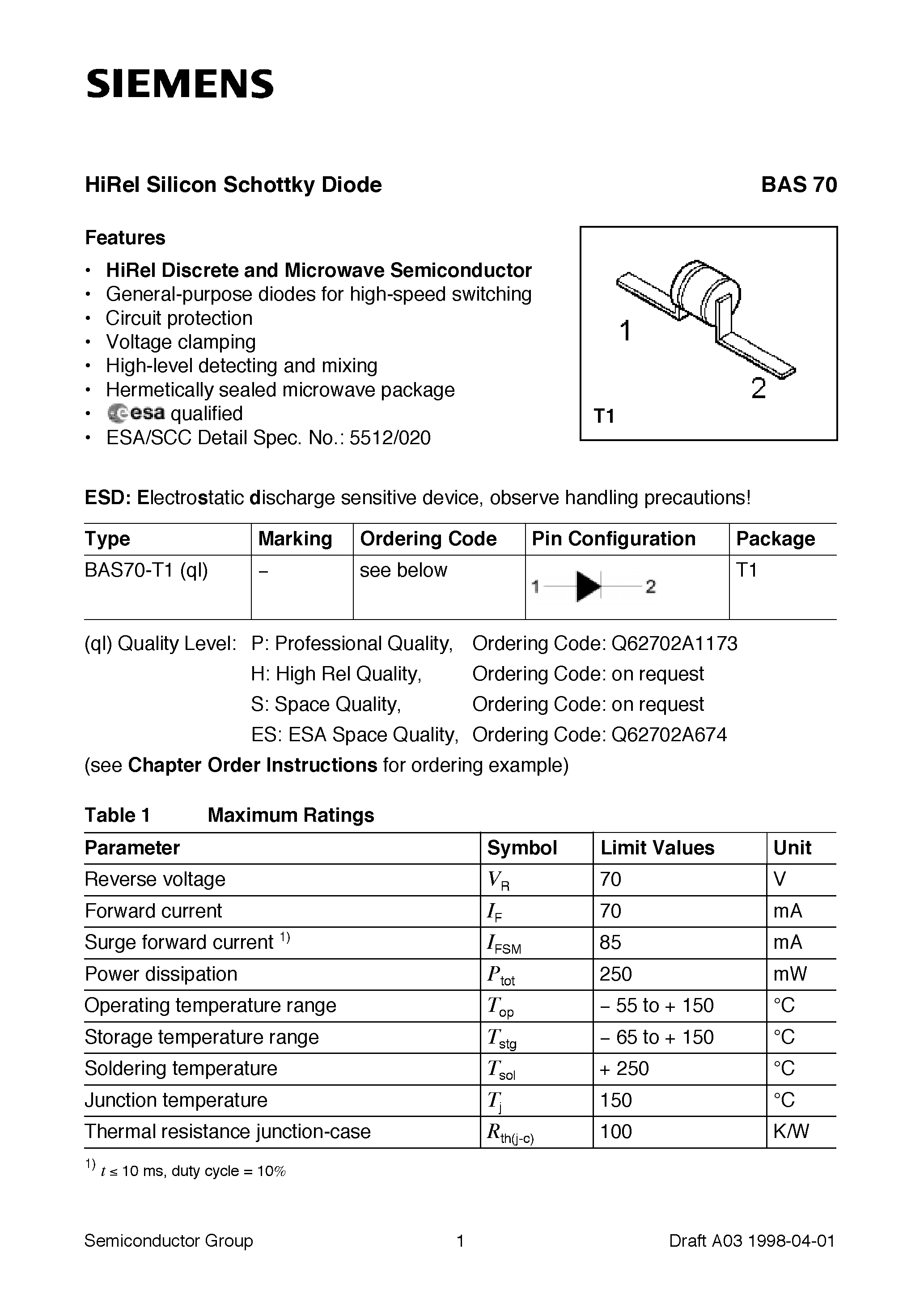 Datasheet BAS70-T1 - HiRel Silicon Schottky Diode (HiRel Discrete and Microwave Semiconductor General-purpose diodes for high-speed switching) page 1