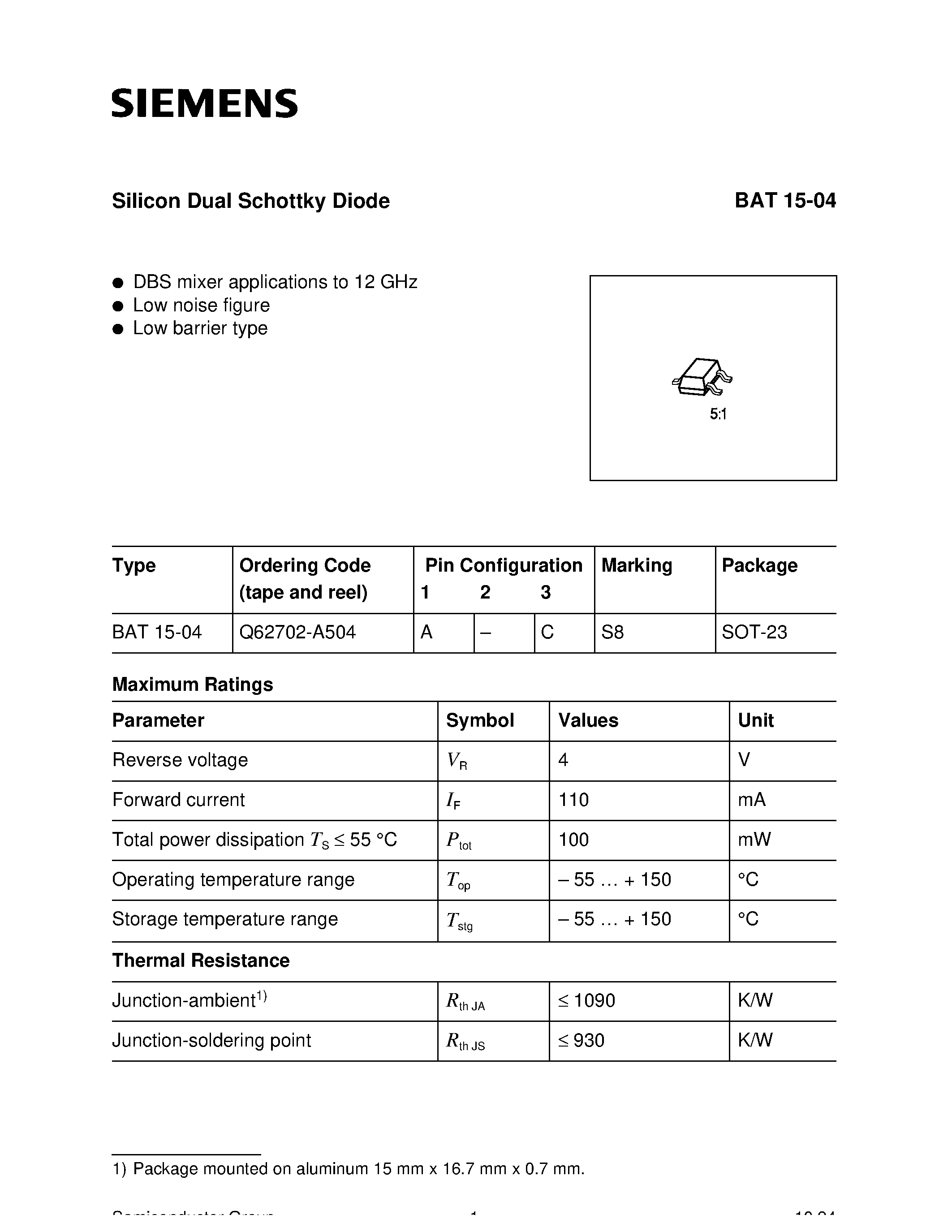 Datasheet BAT15-04 - Silicon Dual Schottky Diode (DBS mixer applications to 12 GHz Low noise figure Low barrier type) page 1