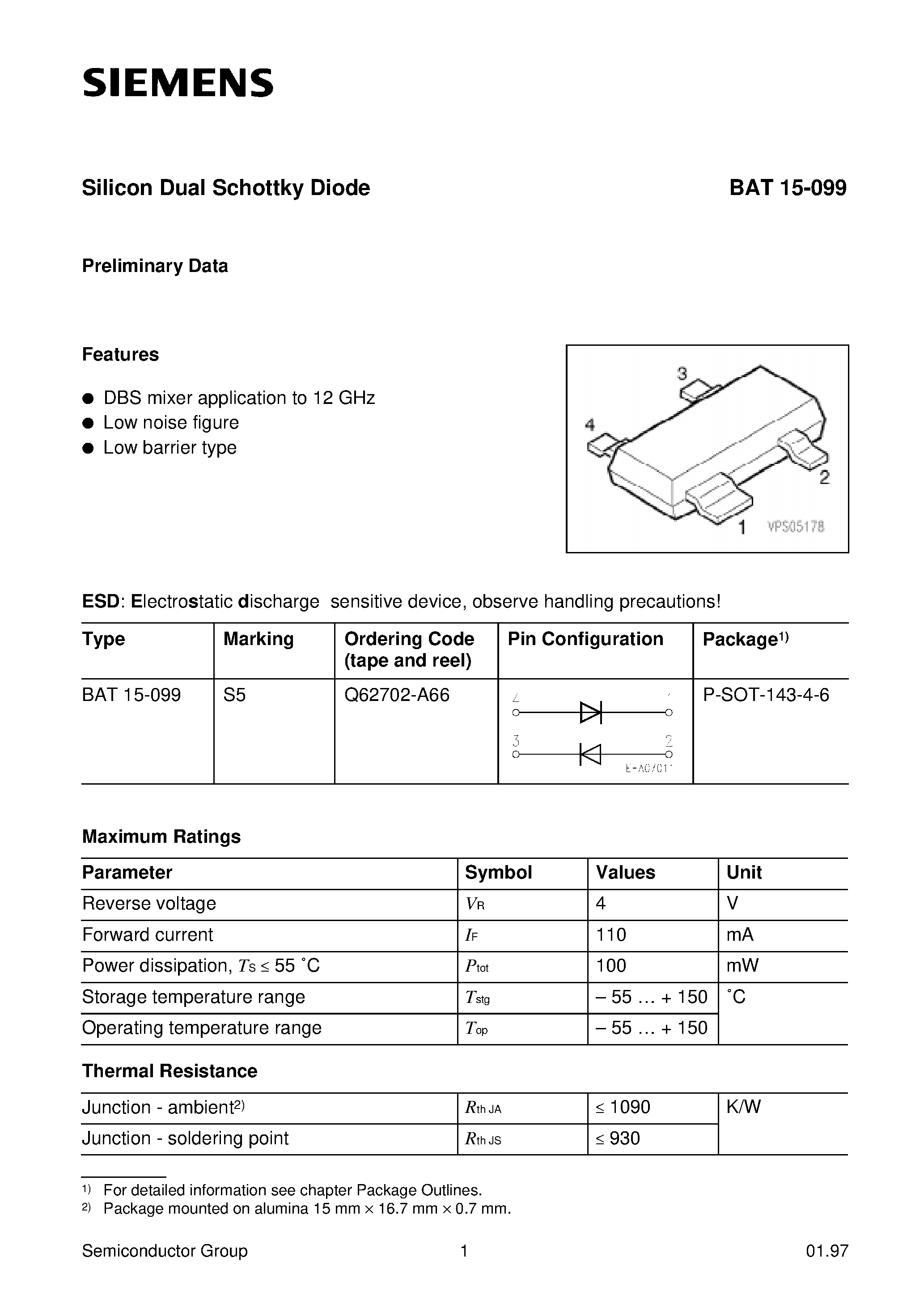 Datasheet BAT15-099 - Silicon Dual Schottky Diode (DBS mixer application to 12 GHz Low noise figure Low barrier type) page 1