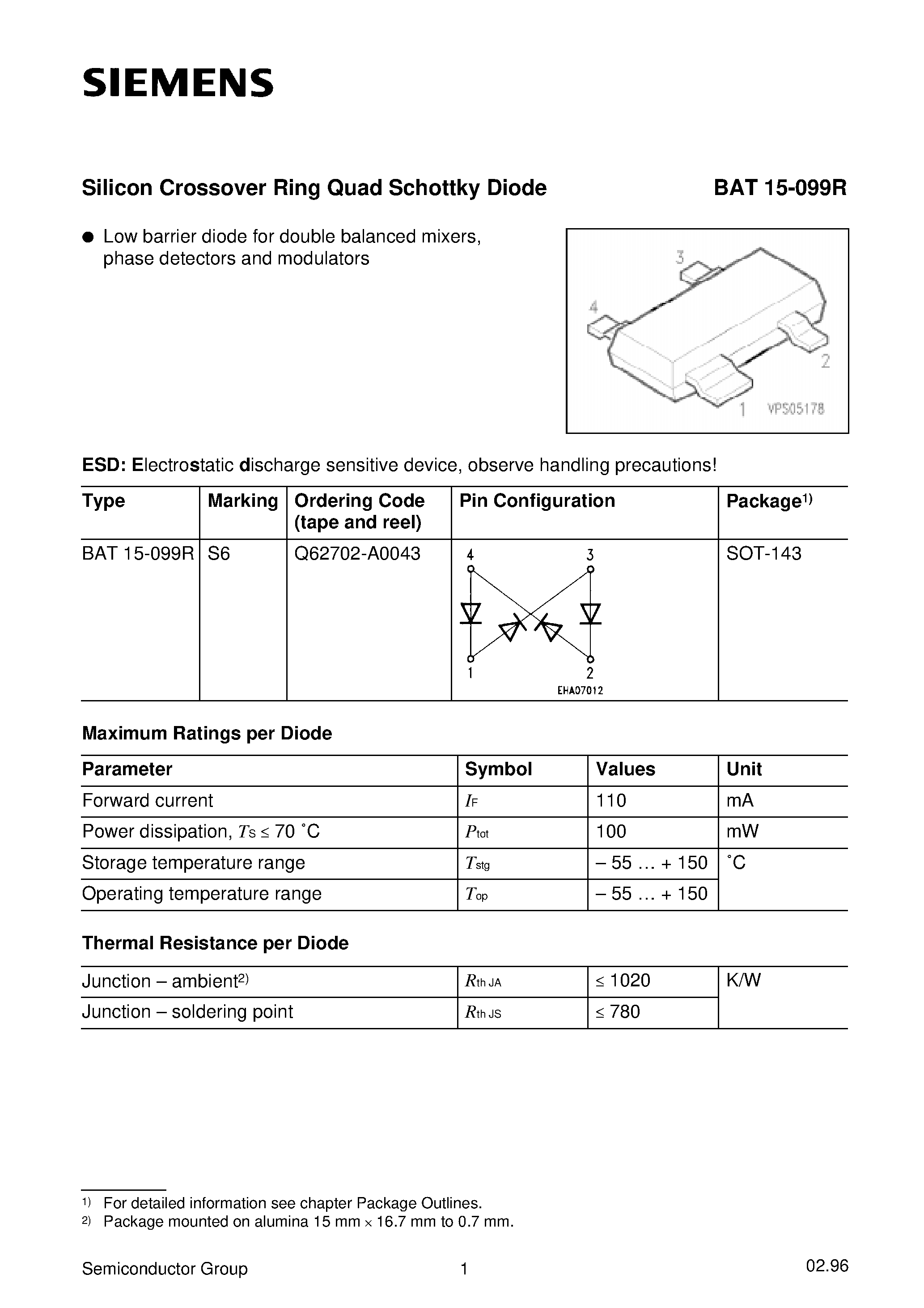 Datasheet BAT15-099R - Silicon Crossover Ring Quad Schottky Diode (Low barrier diode for double balanced mixers/ phase detectors and modulators) page 1