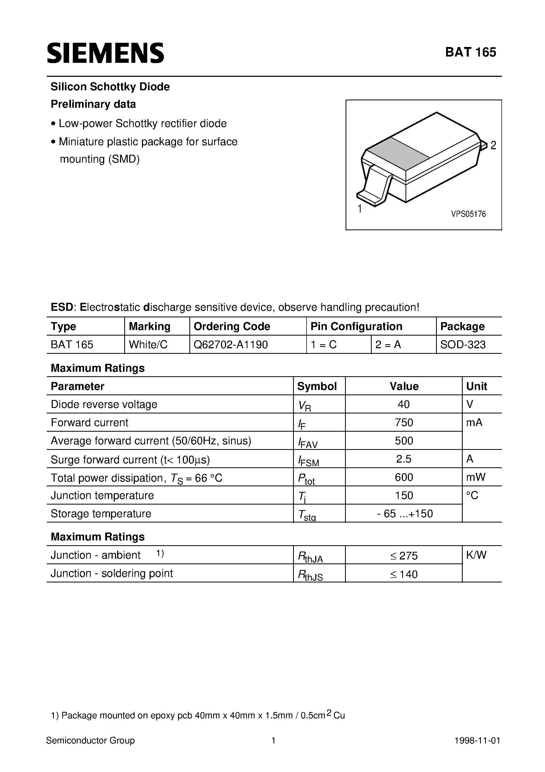Datasheet BAT165 - Silicon Schottky Diode (Low-power Schottky rectifier diode Miniature plastic package for surface mounting SMD) page 1