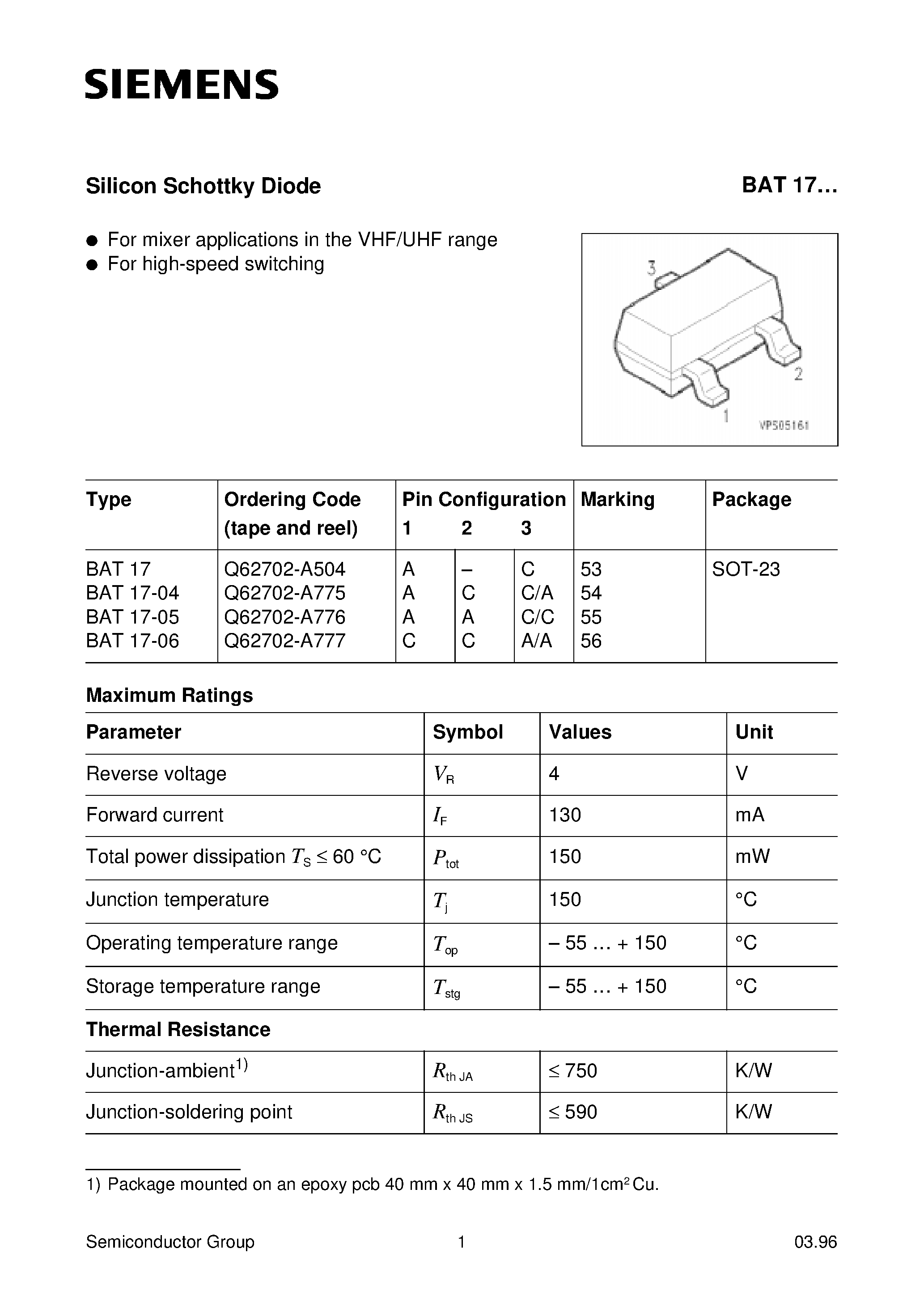 Datasheet BAT17 - Silicon Schottky Diode (For mixer applications in the VHF/UHF range For high-speed switching) page 1