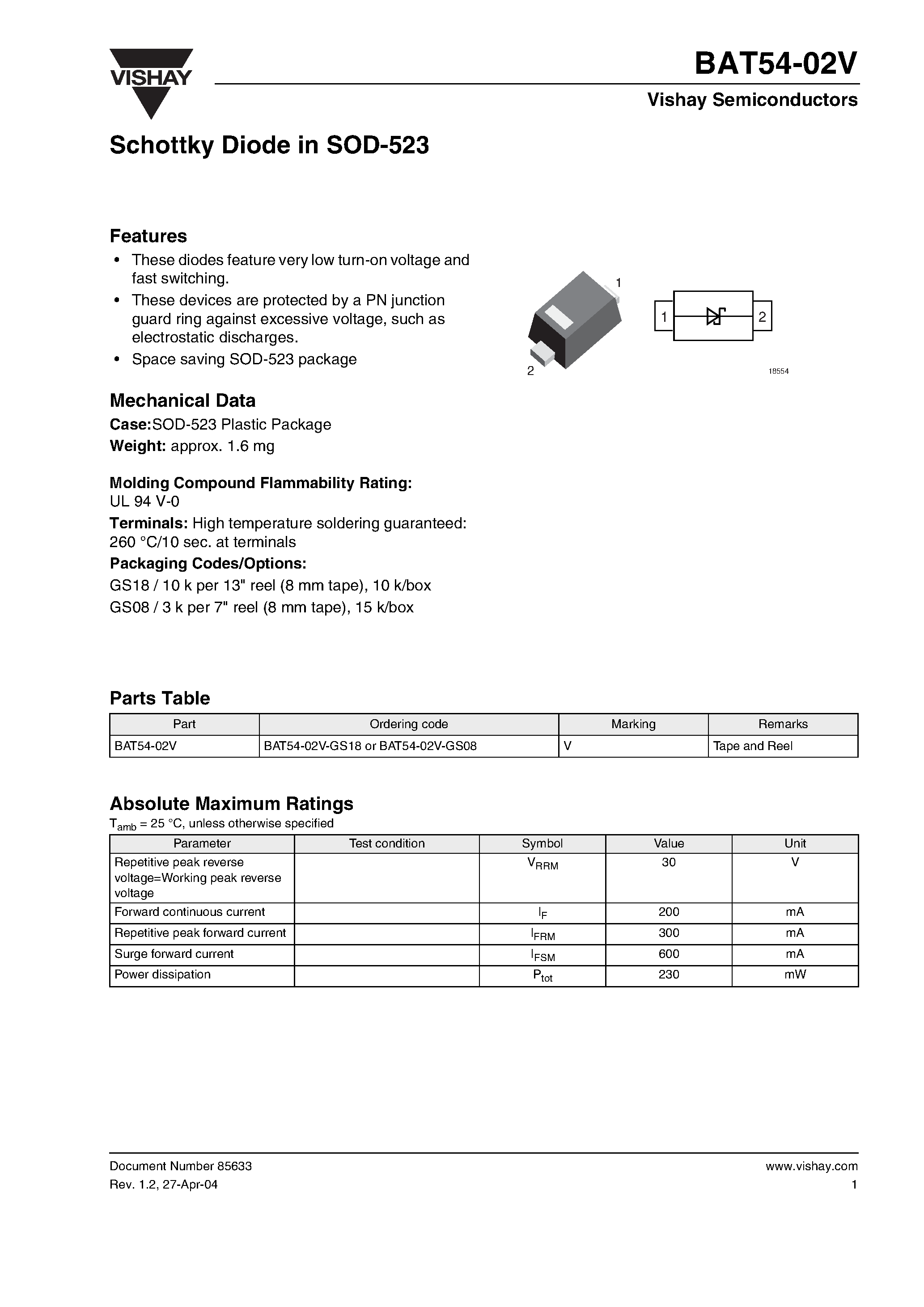 Datasheet BAT54-02V-GS18 - Schottky Diode in SOD-523 page 1