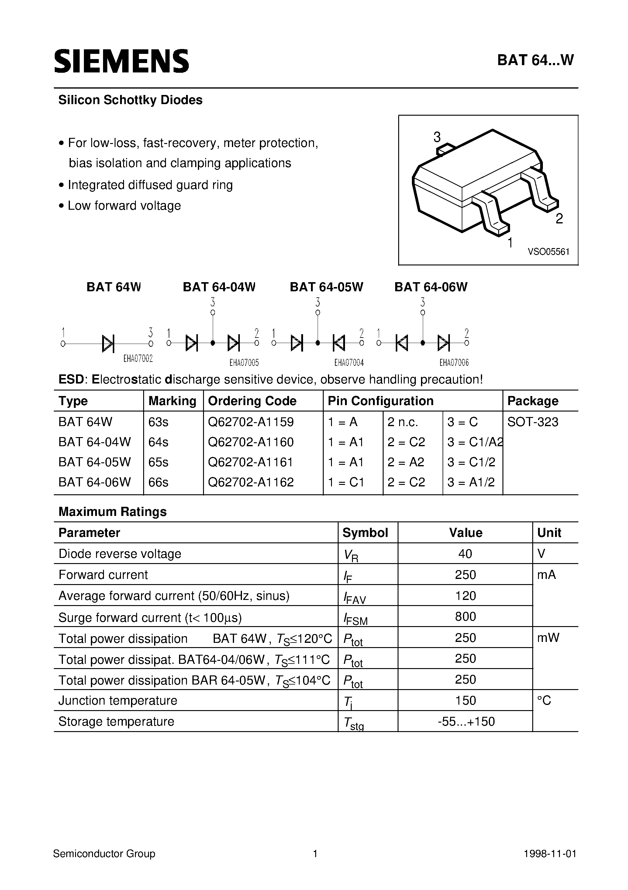 Datasheet BAT64-W - Silicon Schottky Diodes (For low-loss/ fast-recovery/ meter protection/ bias isolation and clamping applications Integrated diffused guard ring) page 1