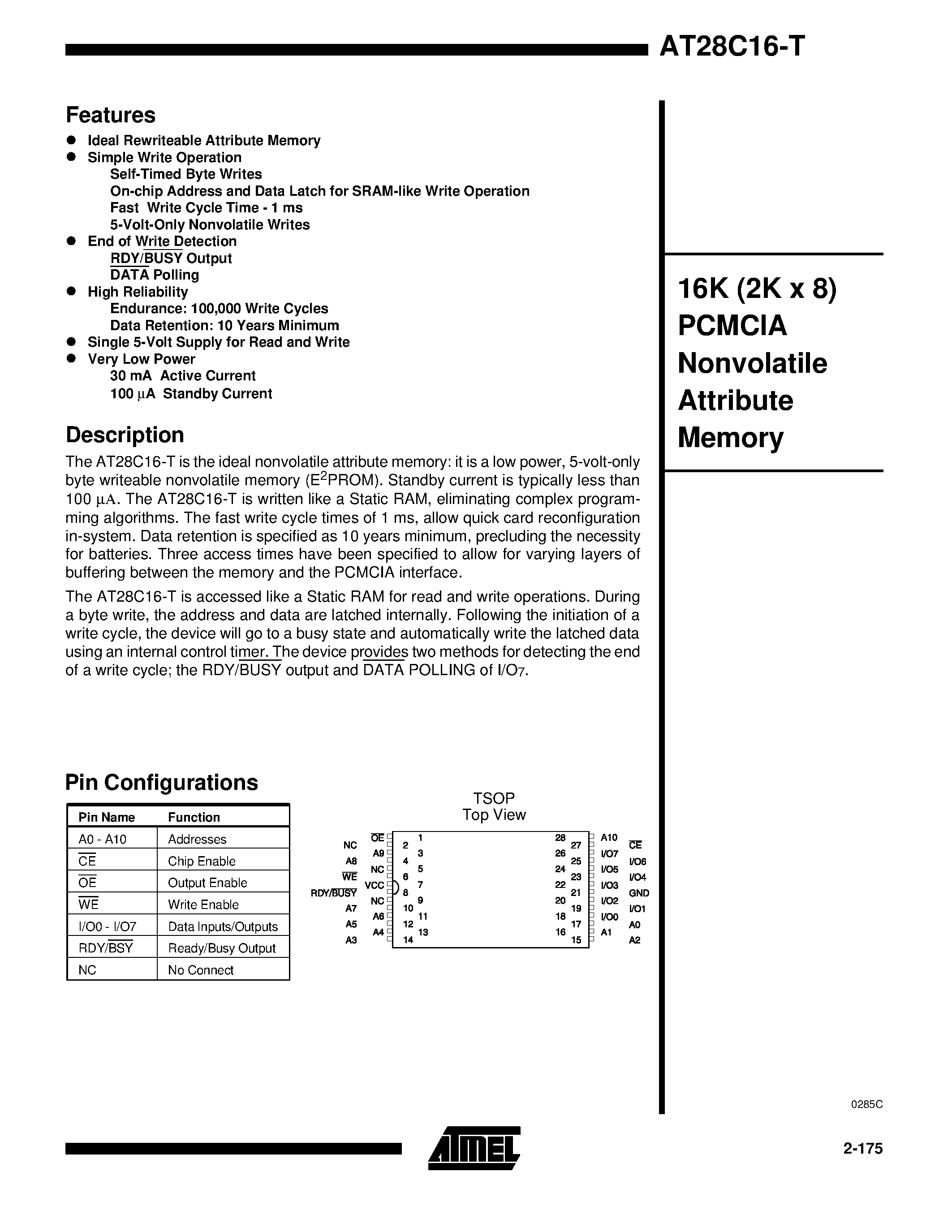 Datasheet AT28C16-T - 16K 2K x 8 PCMCIA Nonvolatile Attribute Memory page 1