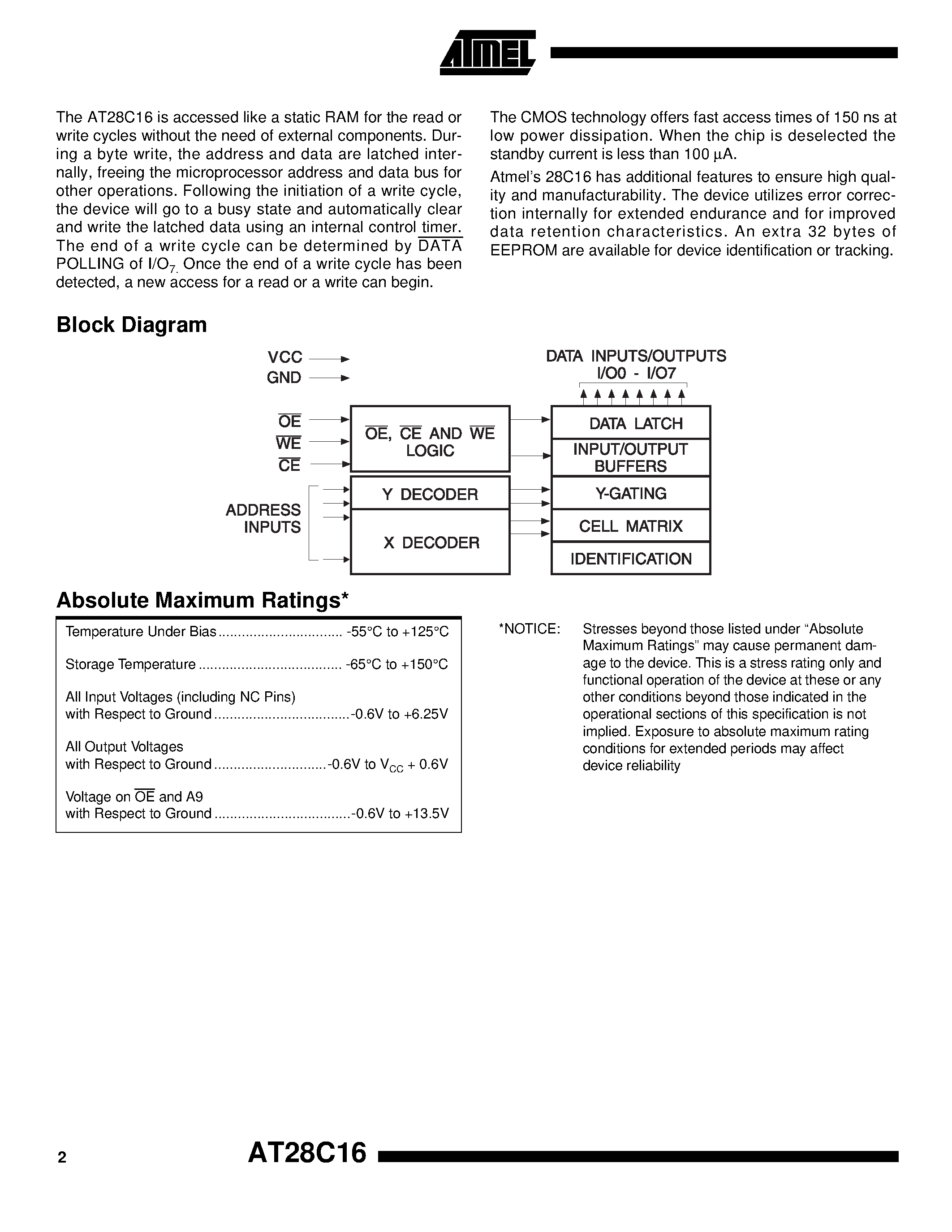 Datasheet AT28C16-W - 16K 2K x 8 CMOS E2PROM page 2