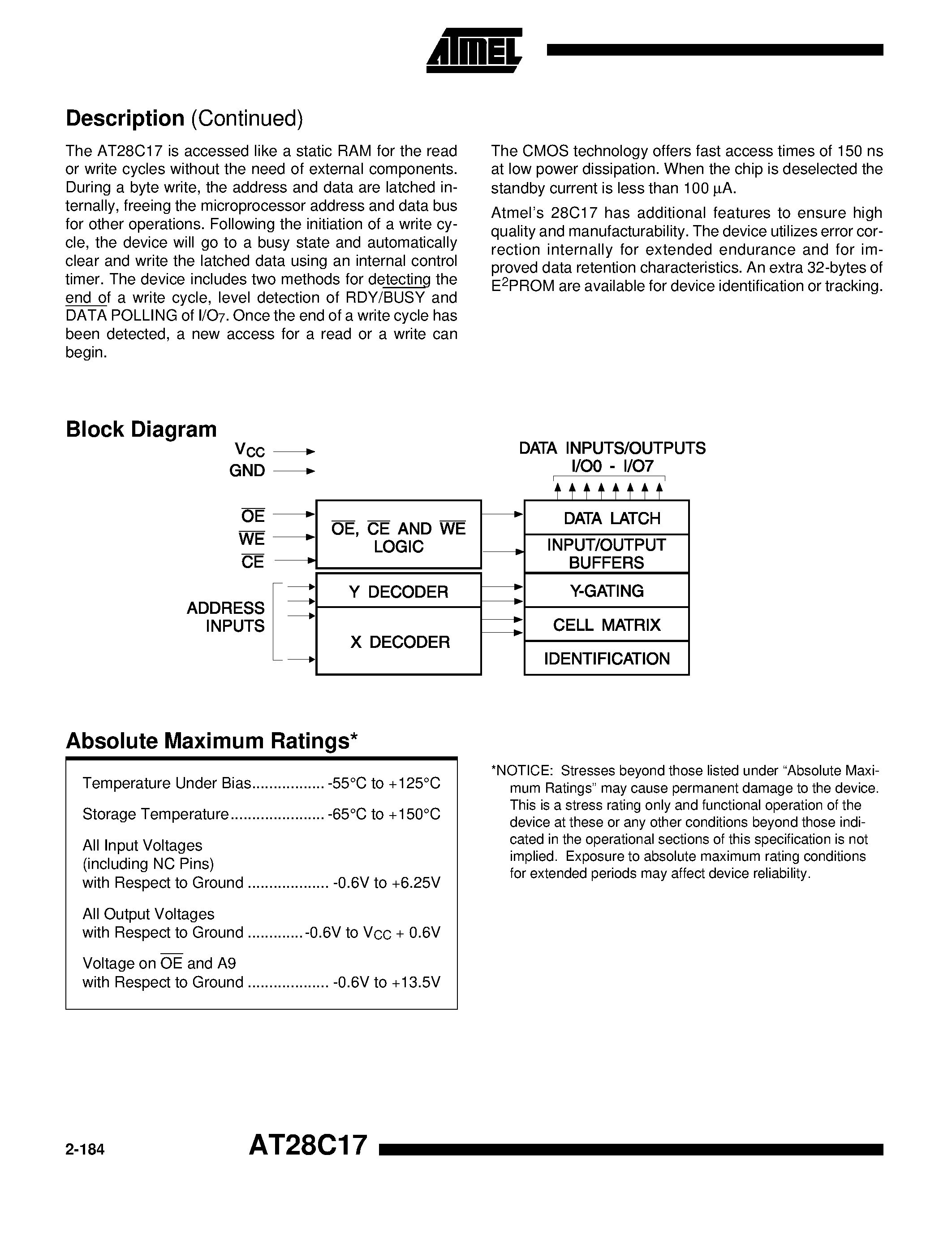Datasheet AT28C17-W - 16K 2K x 8 CMOS E2PROM page 2