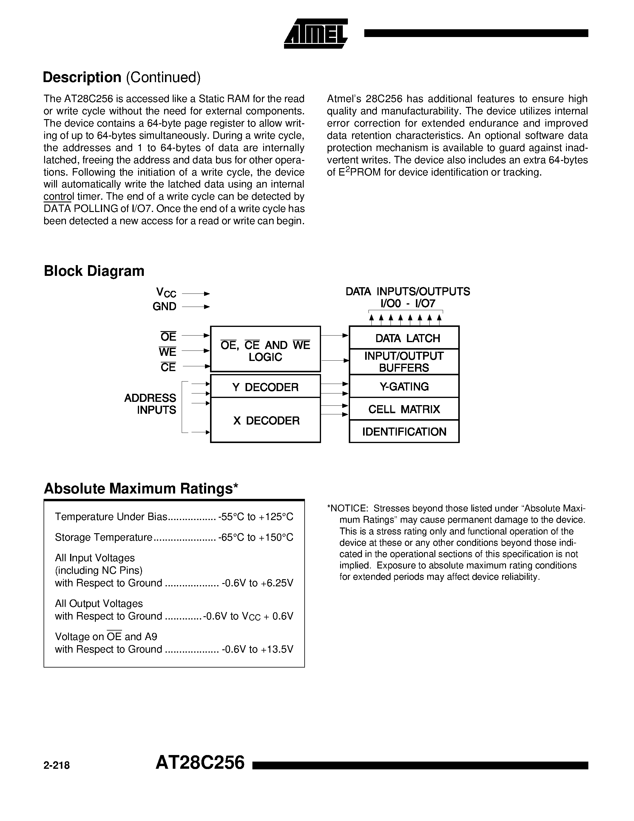 Datasheet AT28C256-W - 256K 32K x 8 Paged CMOS E2PROM page 2