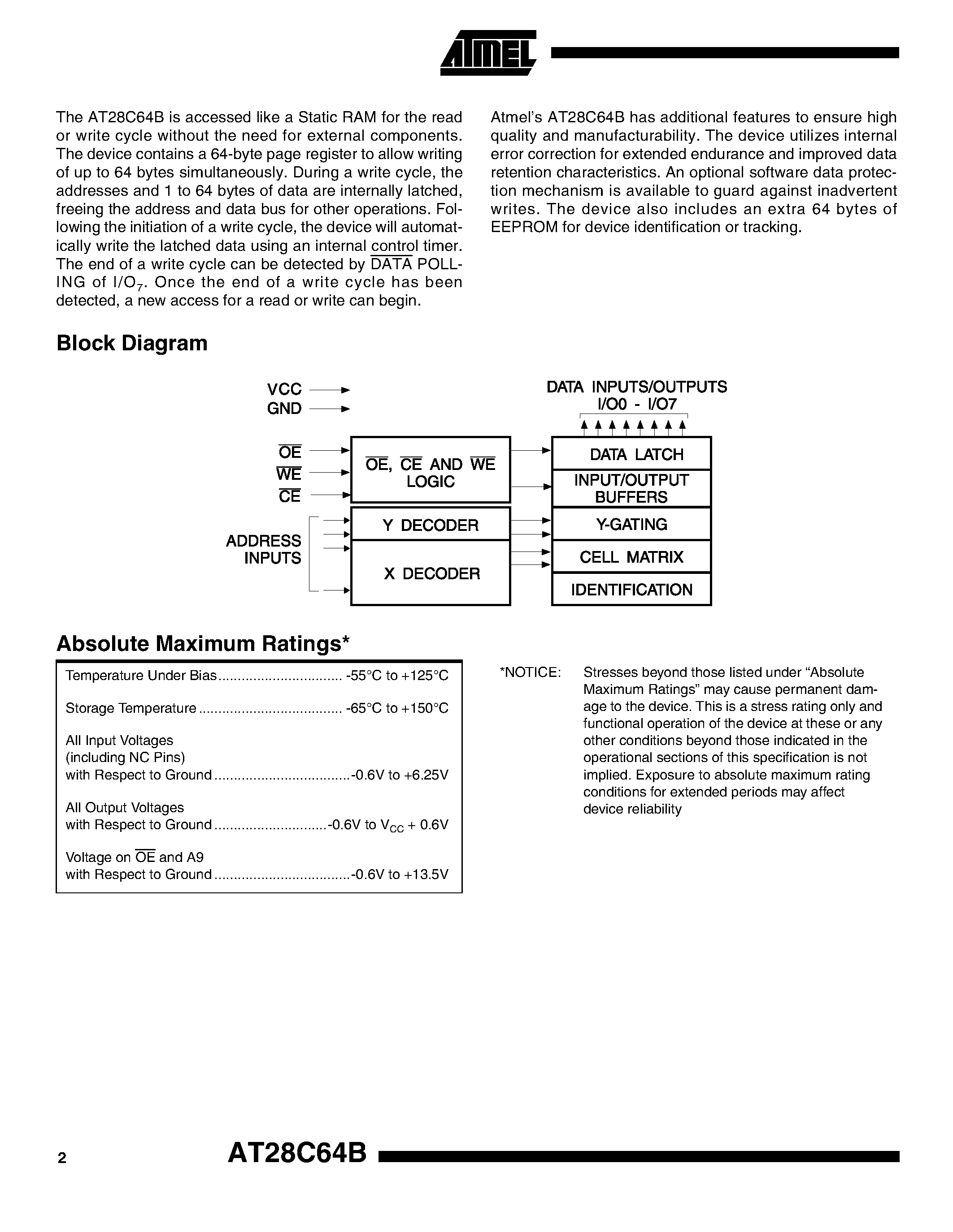 Datasheet AT28C64B-W - 64K (8K x 8) CMOS E2PROM with Page Write and Software Data Protection page 2