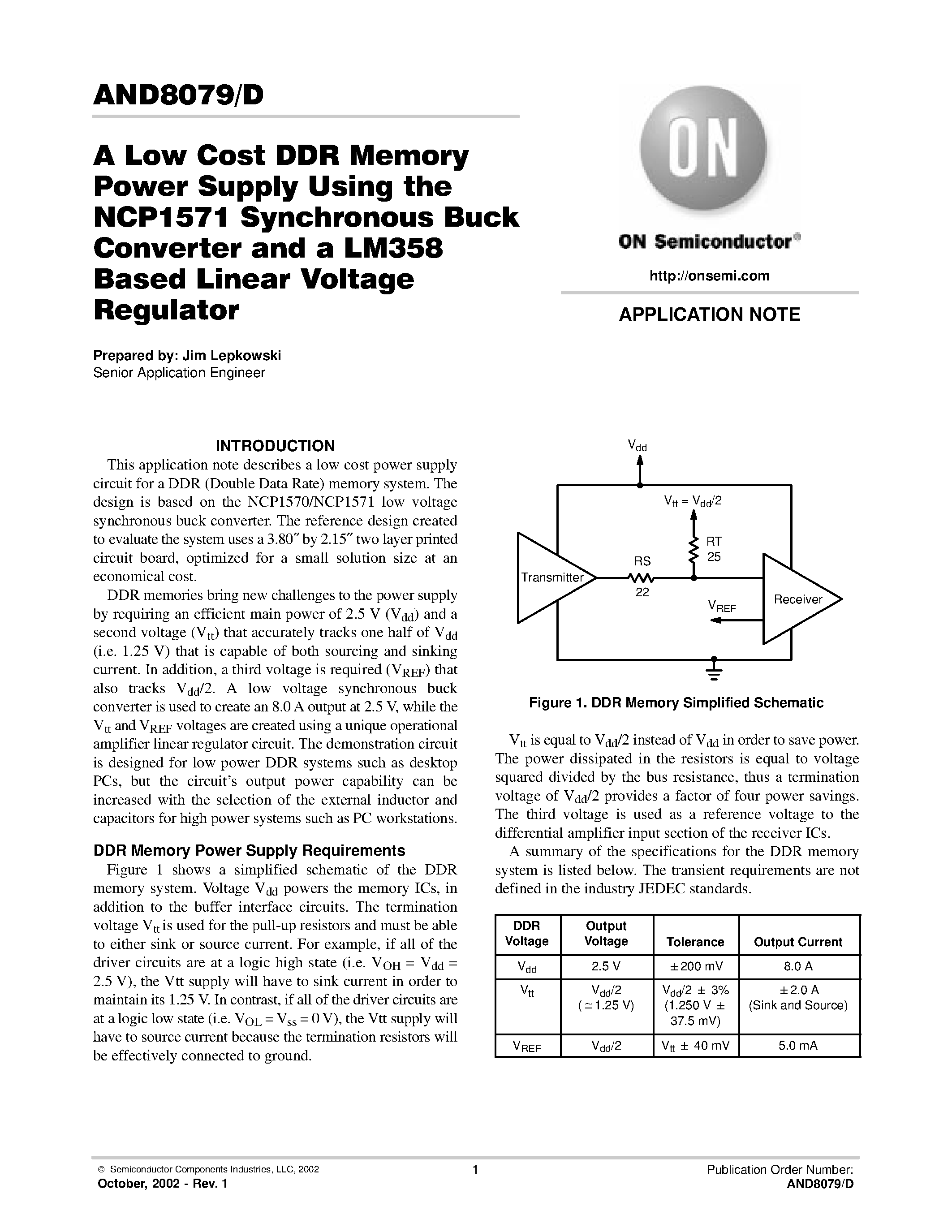 Даташит AND8079 - A Low Cost DDR Memory Power Supply Using the NCP1571 Synchronous Buck Converter and a LM358 Based Linear Voltage Regulator страница 1
