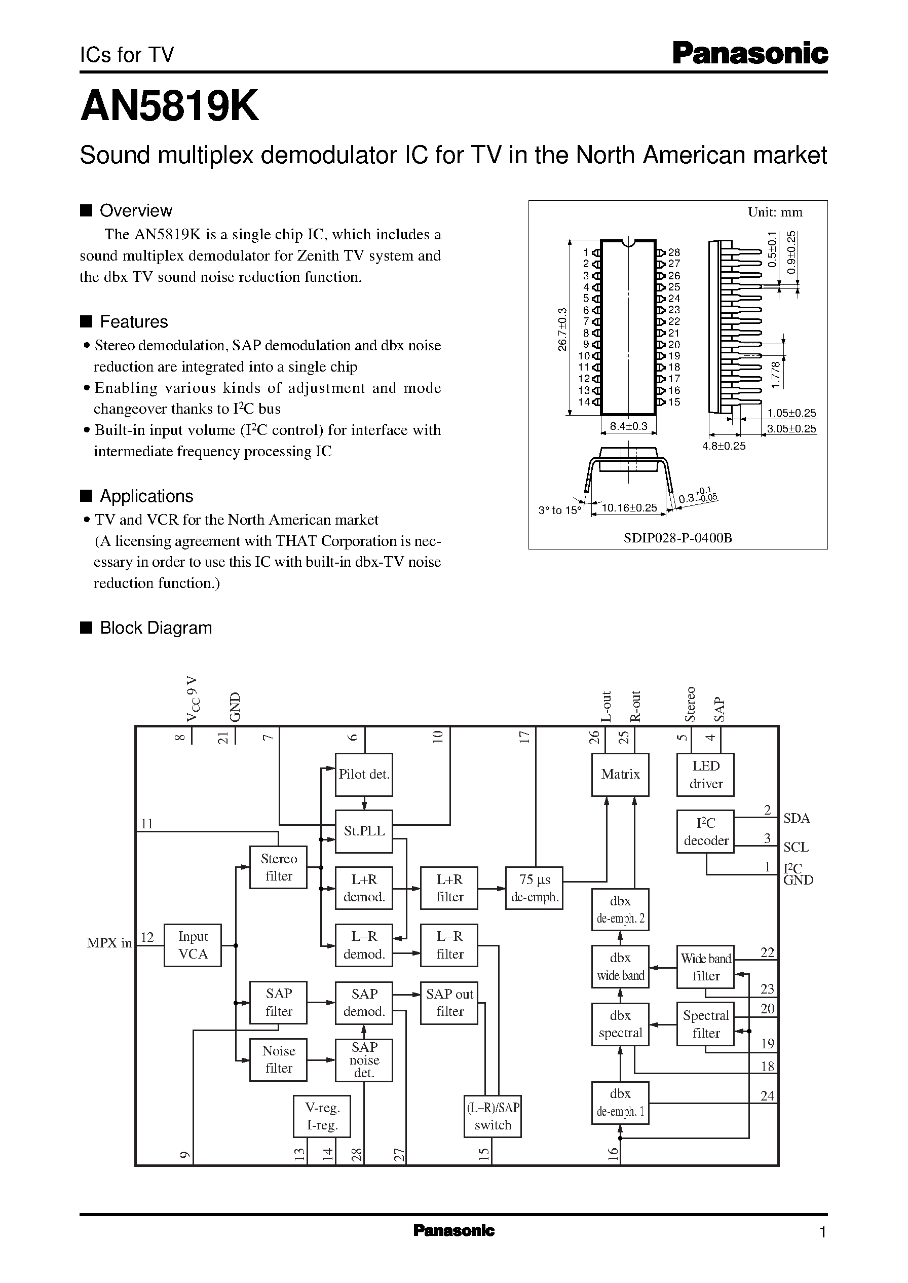 Datasheet AN5829 - Sound multiplex decoder IC for the U.S. televisions page 1