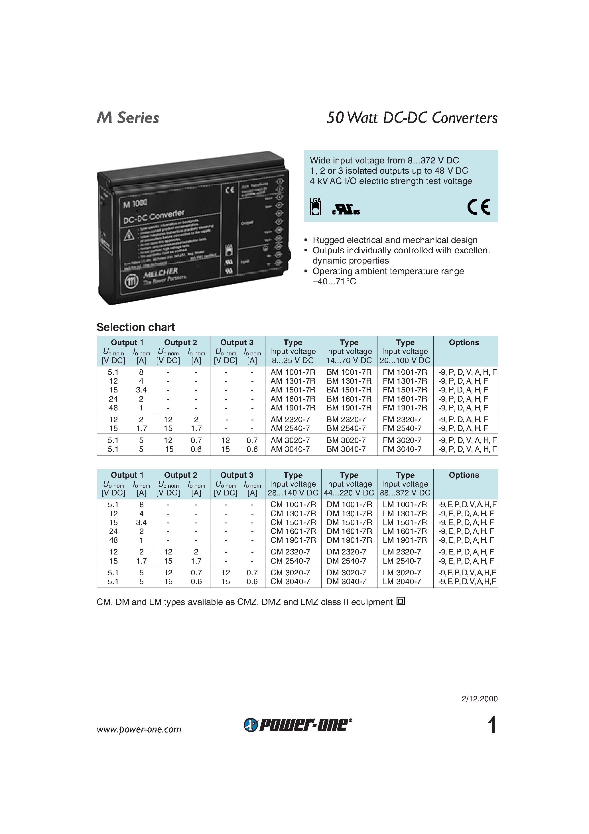 Даташит AM3040-7 - 50 Watt DC-DC Converters страница 1