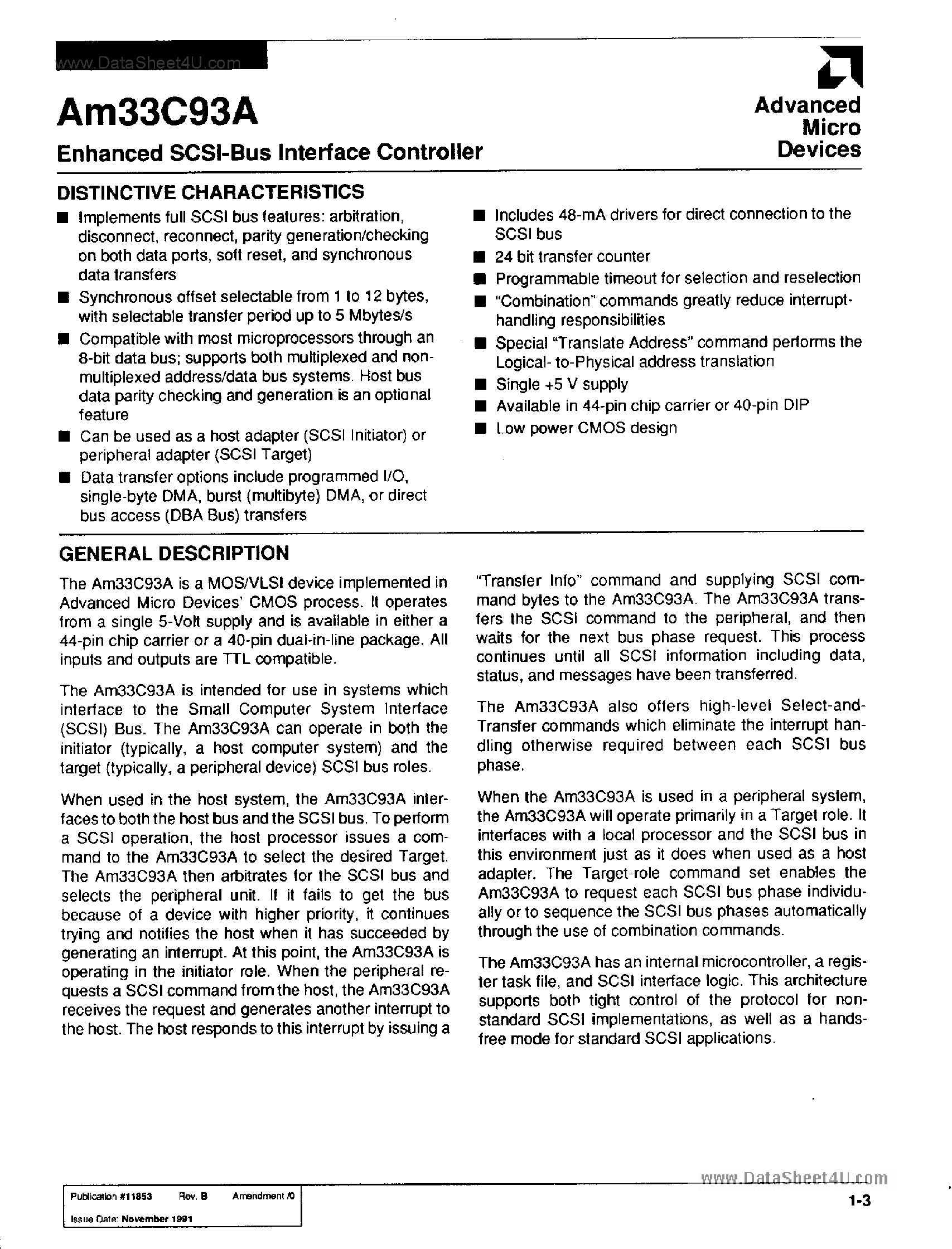 Даташит AM33C93A - ENHANCED SCSI BUS INTERFACE CONTROLLER страница 1