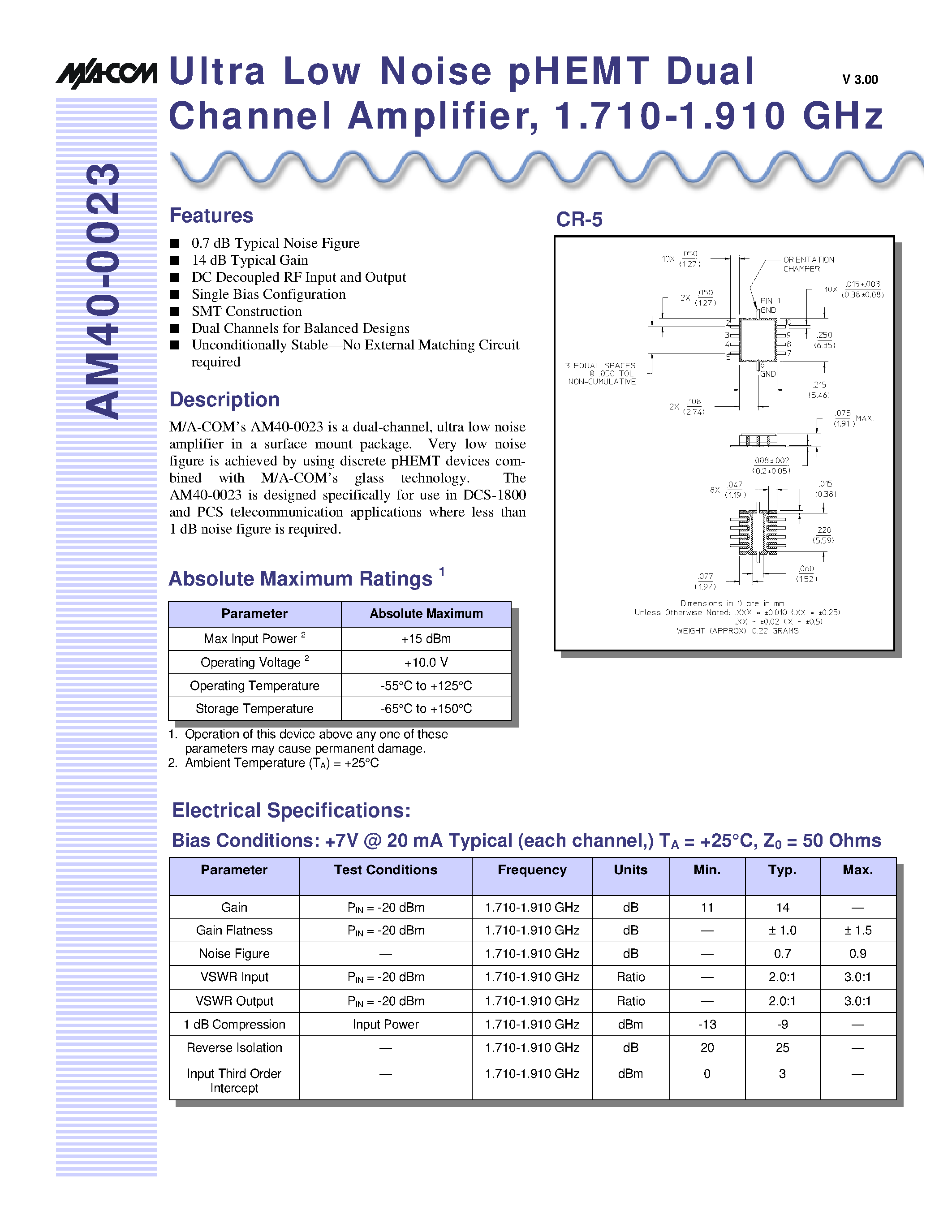 Datasheet AM40-0023 - Ultra Low Noise pHEMT Dual Channel Amplifier/ 1.710-1.910 GHz page 1