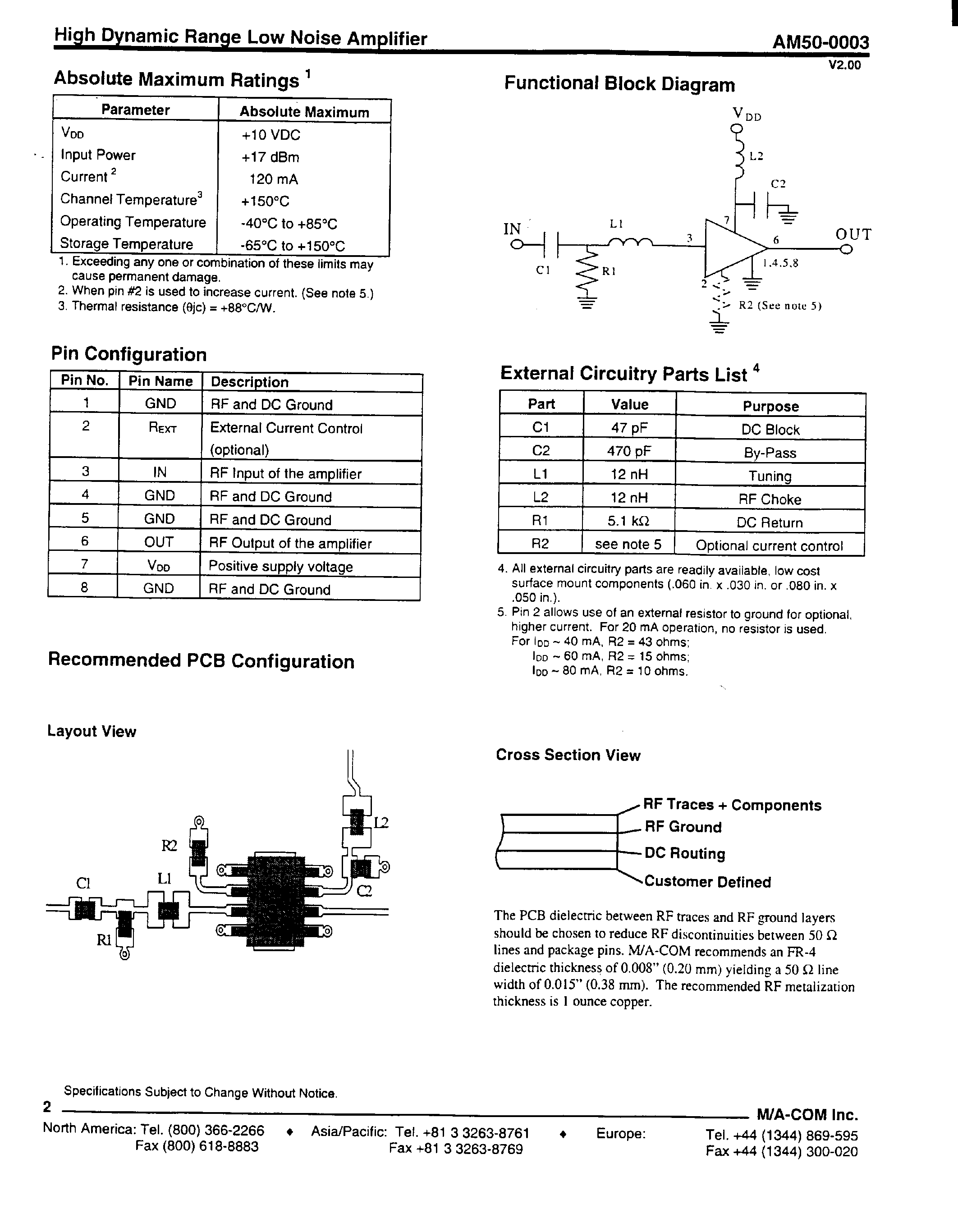 Datasheet AM50-0003 - High Dynamic Range Low Noise Amplifier 800-1000 MHz page 2