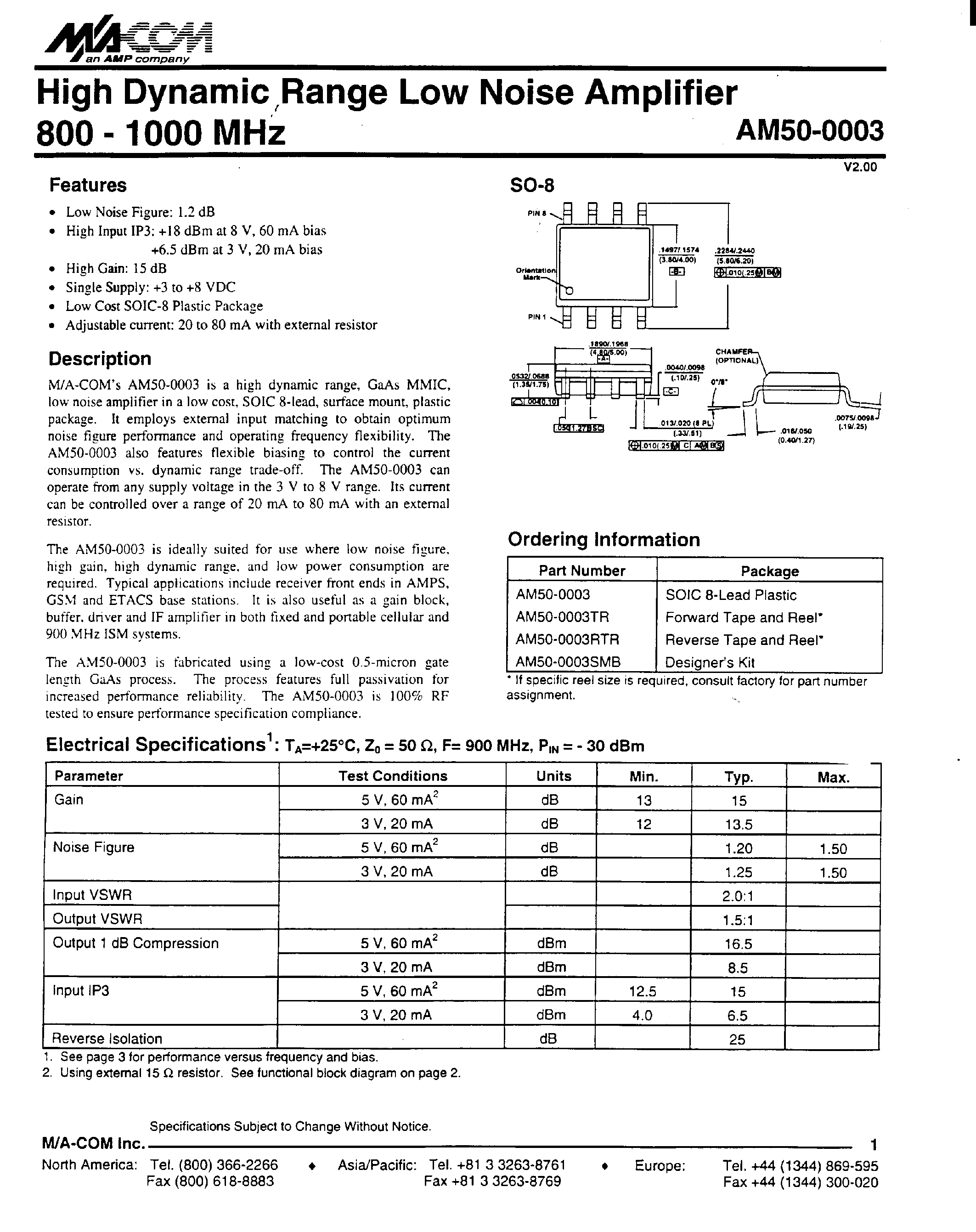 Datasheet AM50-0003TR - High Dynamic Range Low Noise Amplifier 800-1000 MHz page 1
