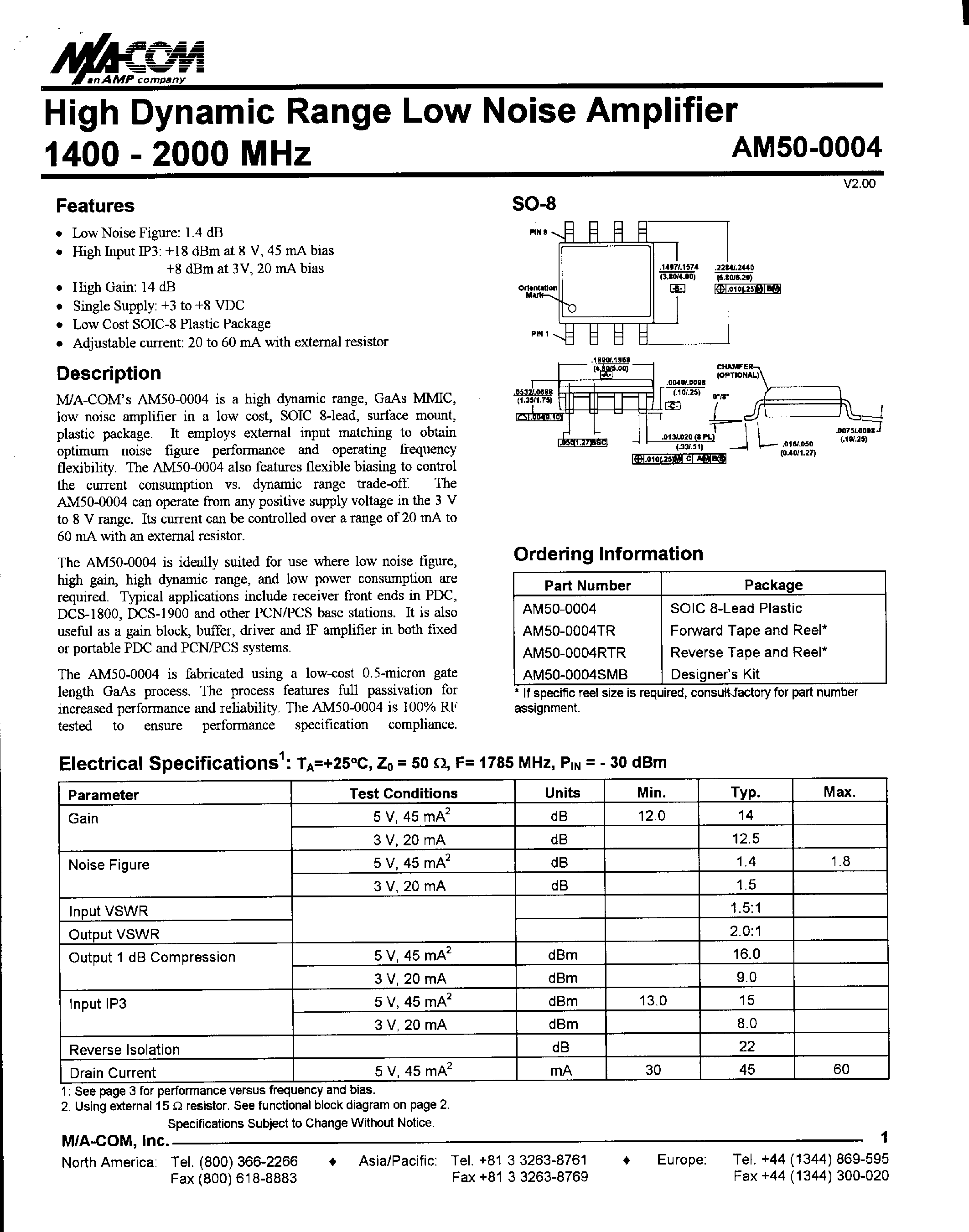 Datasheet AM50-0004 - High Dynamic Range Low Noise Amplifier 1400-2000 MHz page 1
