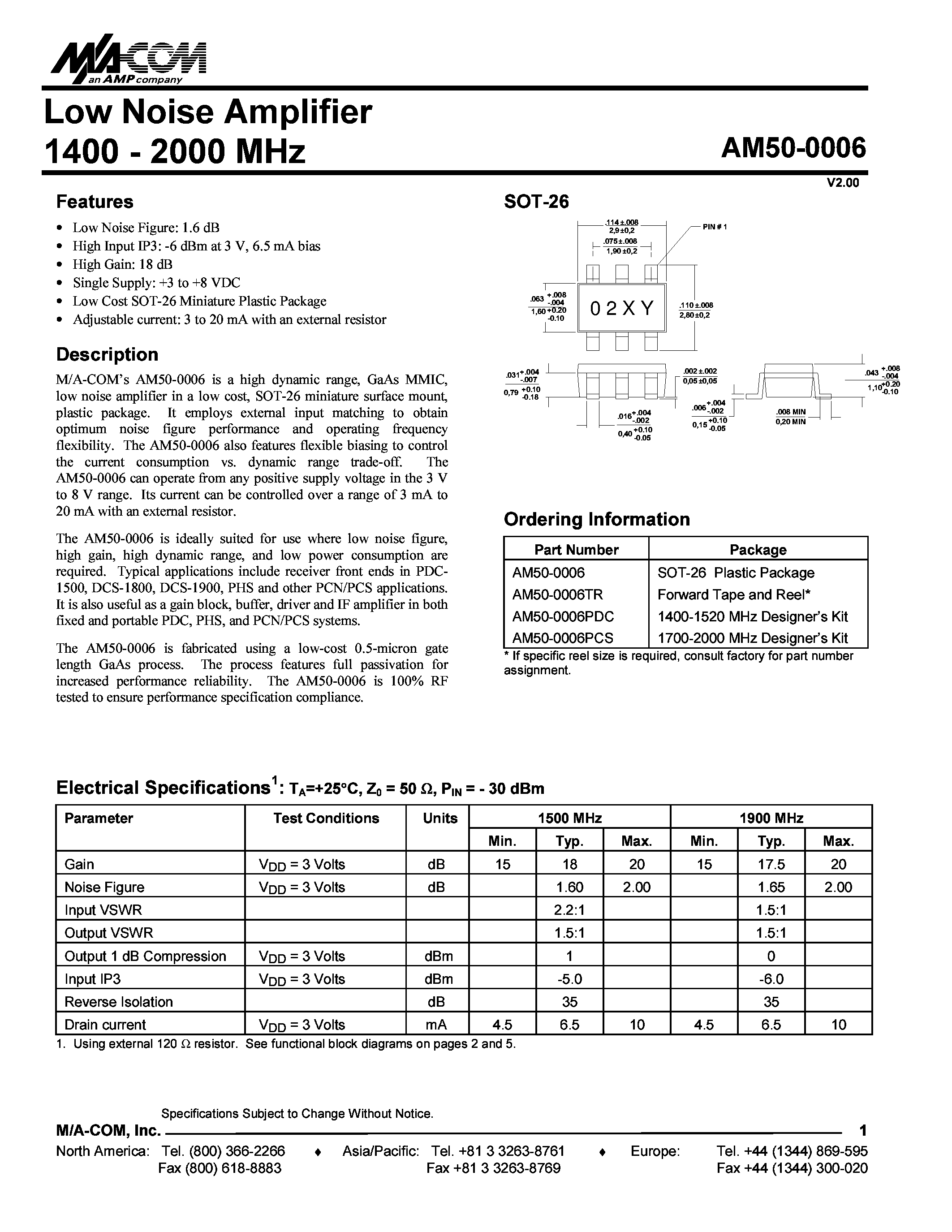 Даташит AM50-0006PCS - Low Noise Amplifier 1400 - 2000 MHz страница 1