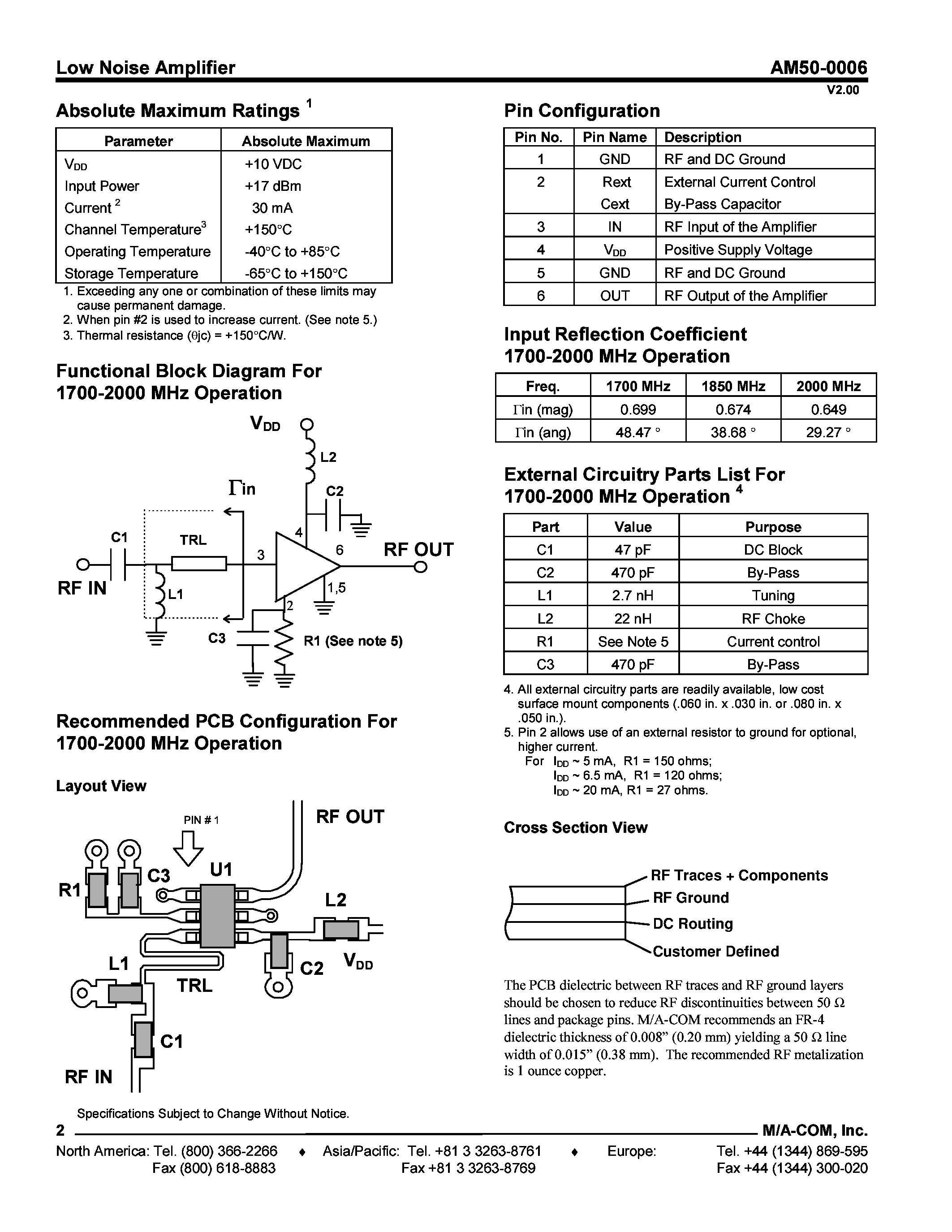 Даташит AM50-0006TR - Low Noise Amplifier 1400 - 2000 MHz страница 2