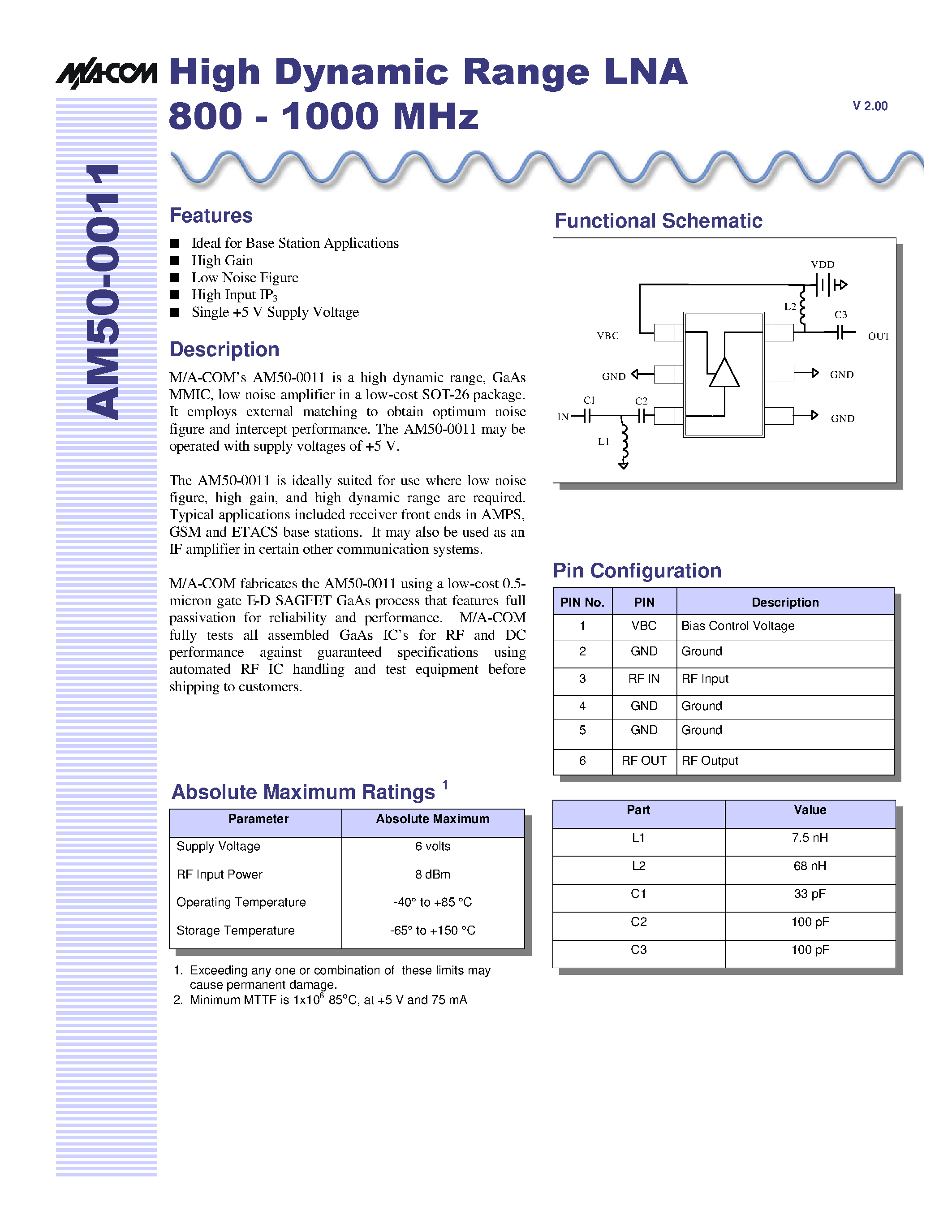 Datasheet AM50-0011TR - High Dynamic Range LNA 800 - 1000 MHz page 1