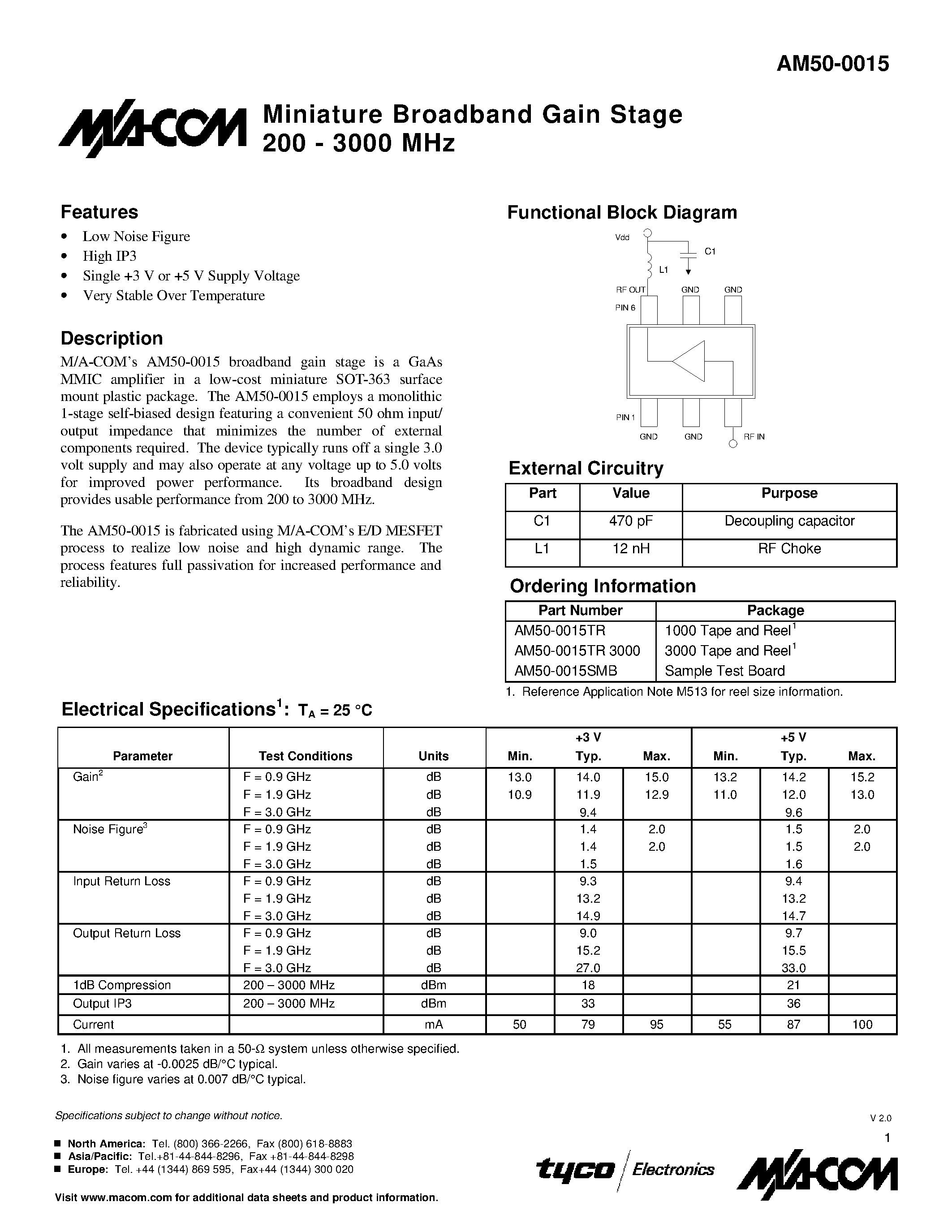 Даташит AM50-0015SMB - Miniature Broadband Gain Stage 200 - 3000 MHz страница 1