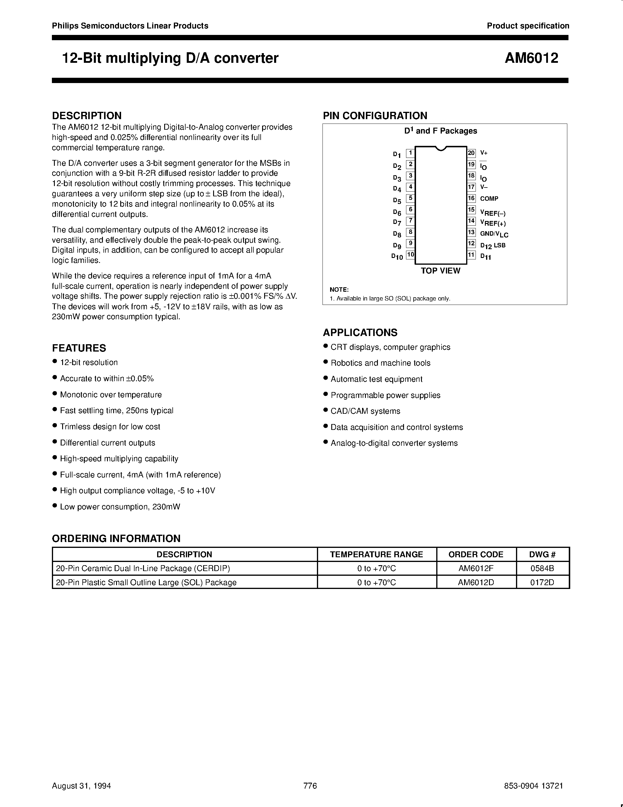 Datasheet AM6012 - 12-Bit multiplying D/A converter page 1