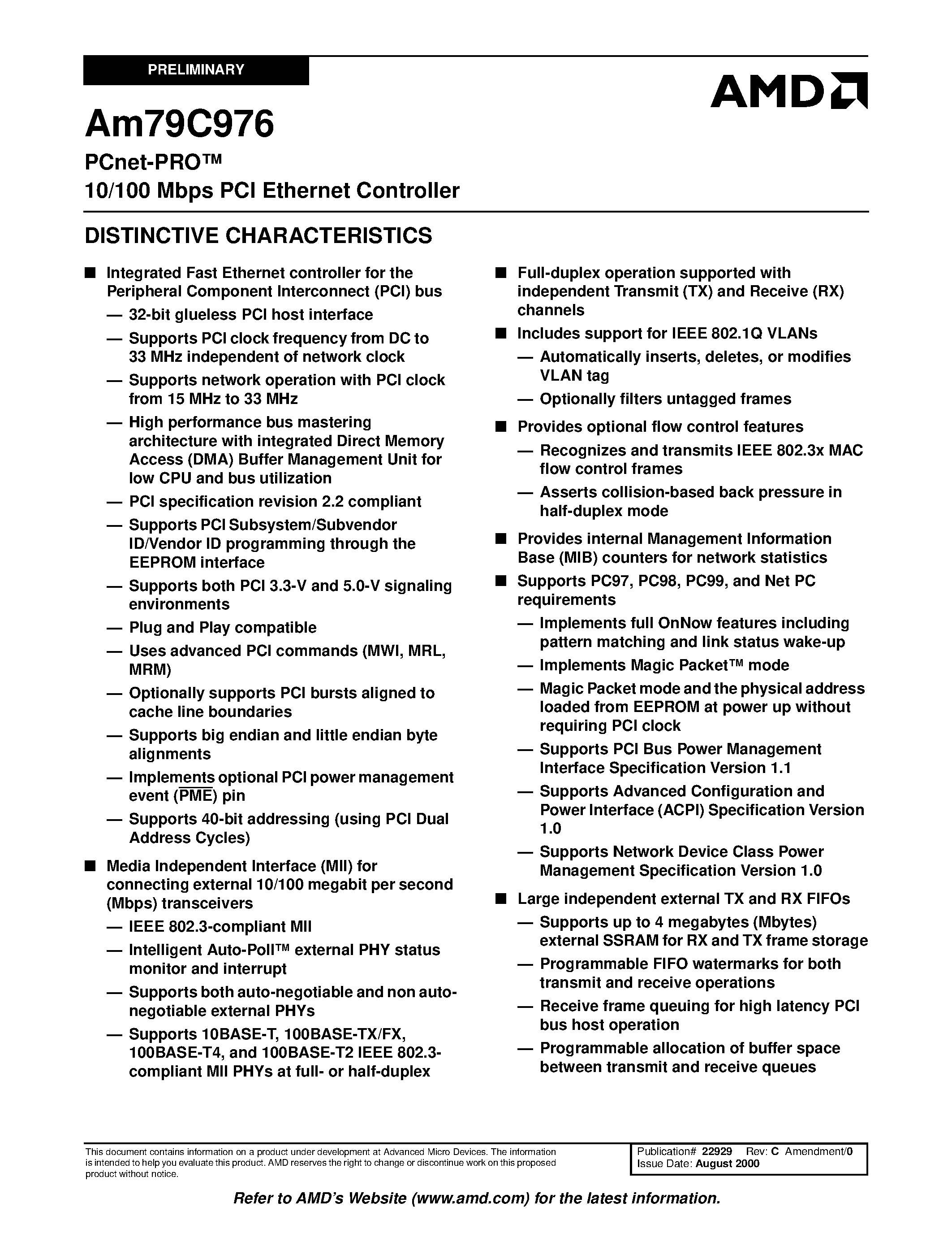 Даташит AM79C976 - PCnet-PRO 10/100 Mbps PCI Ethernet Controller страница 1
