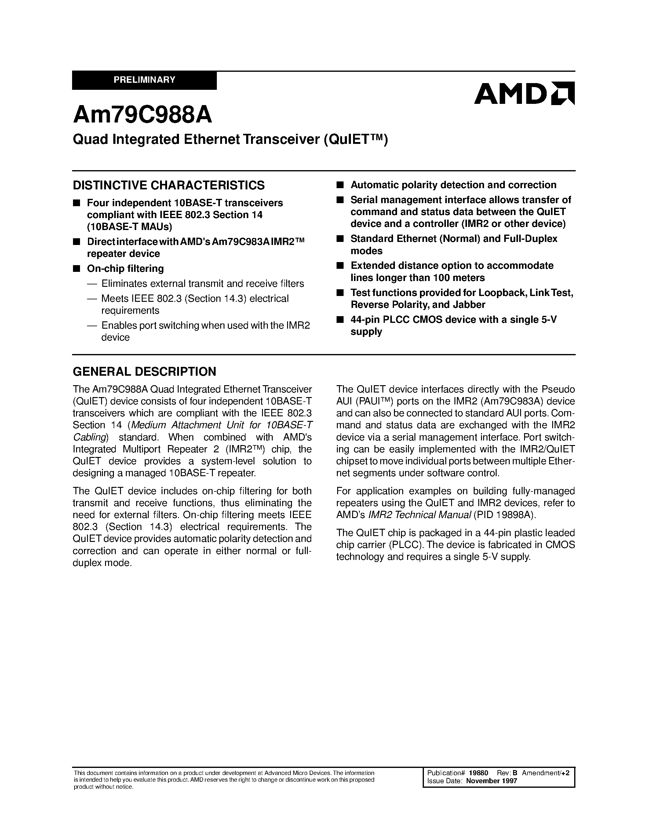 Datasheet AM79C988 - Quad Integrated Ethernet Transceiver (QuIET) page 1
