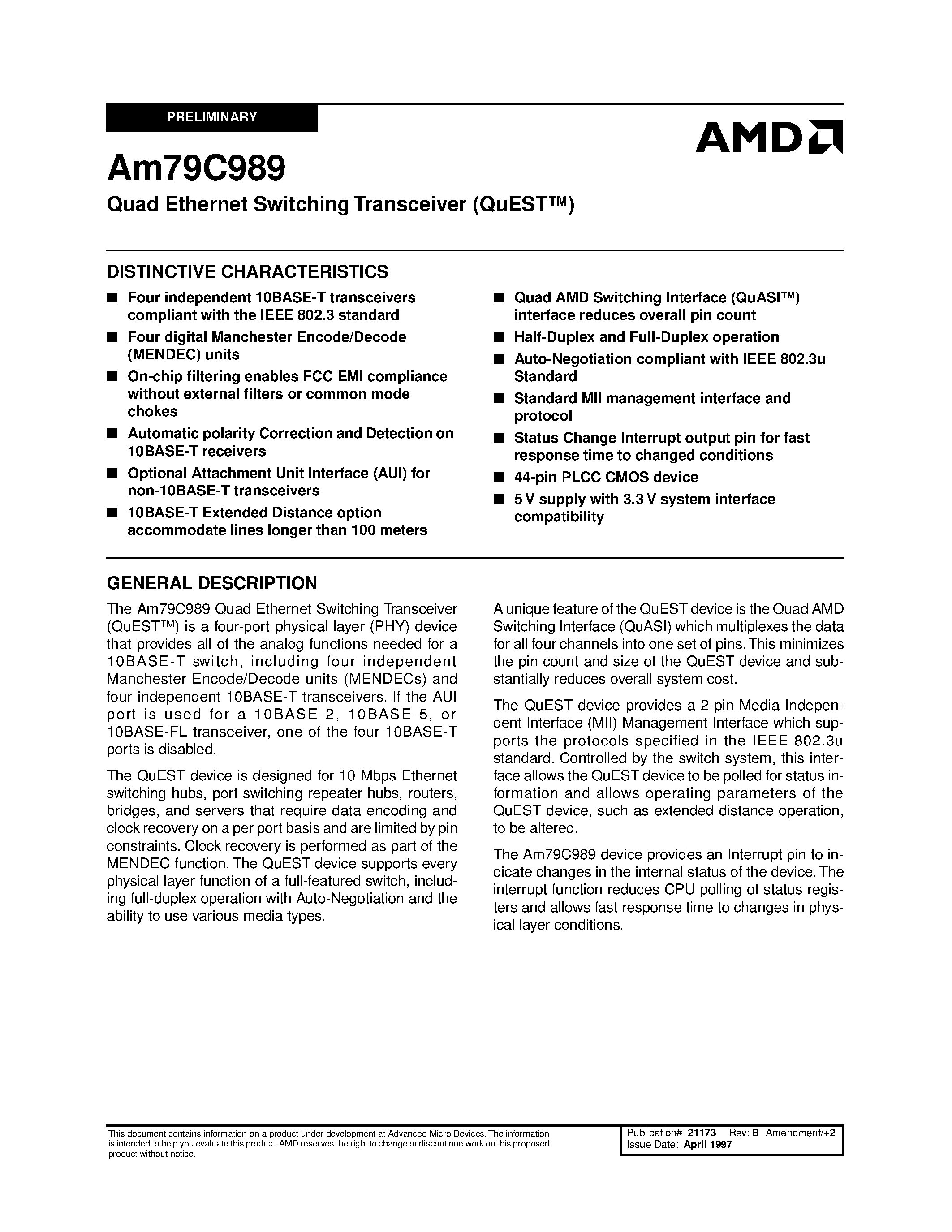 Datasheet Am79C989JC - Quad Ethernet Switching Transceiver (QuEST) page 1