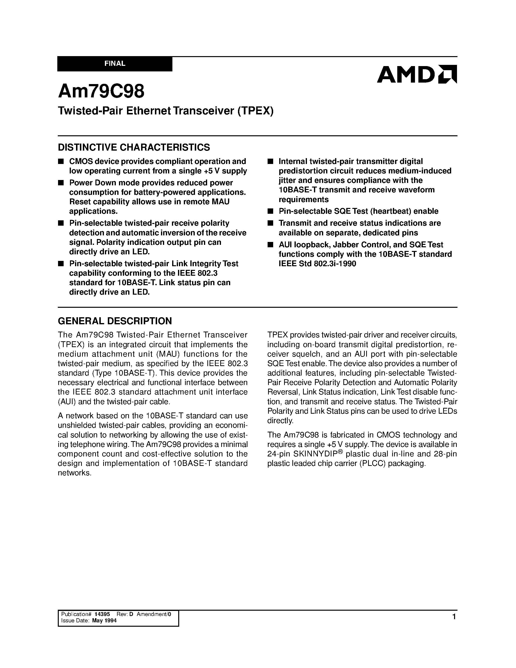 Datasheet AM79C98PC - Twisted-Pair Ethernet Transceiver (TPEX) page 1