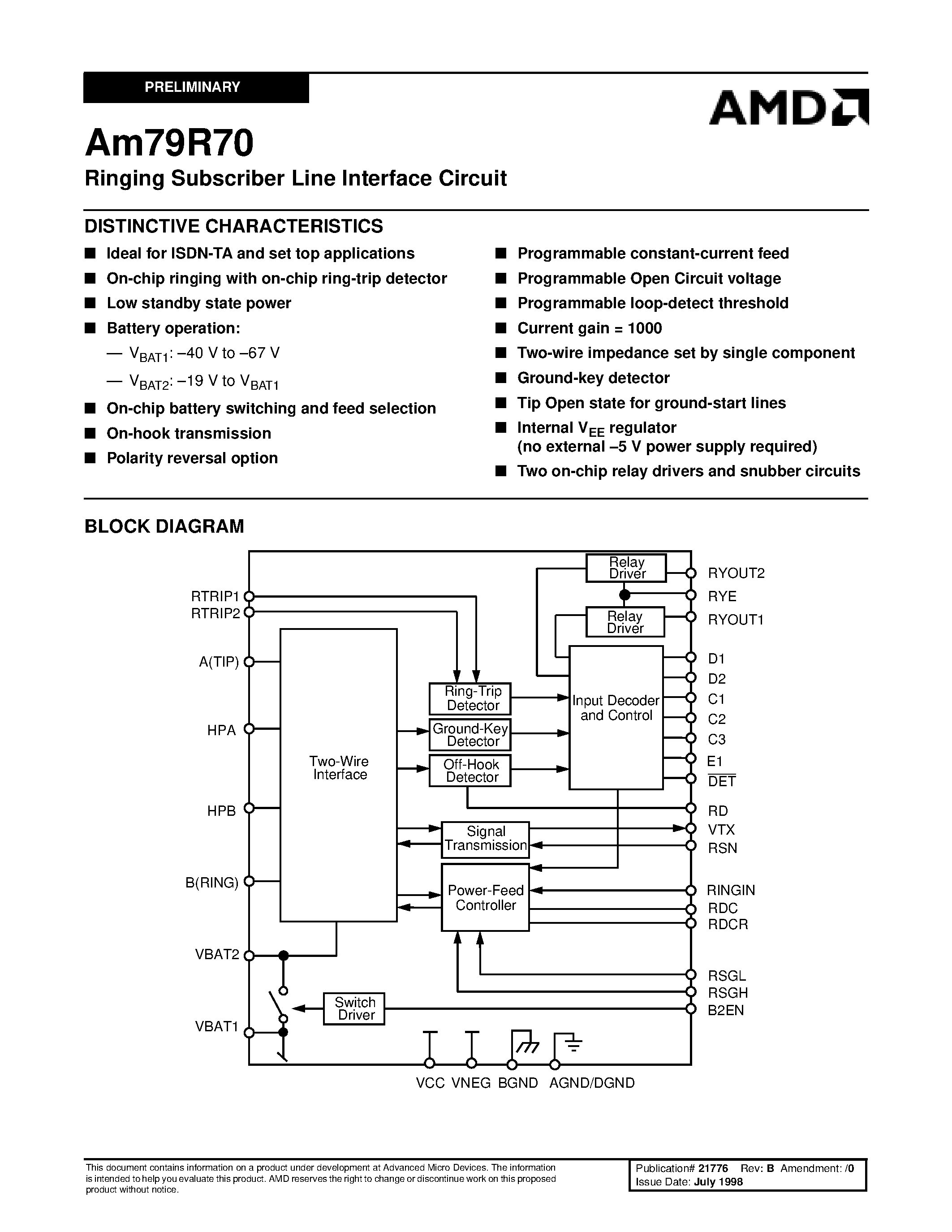 Datasheet AM79R70JC - Ringing Subscriber Line Interface Circuit page 1