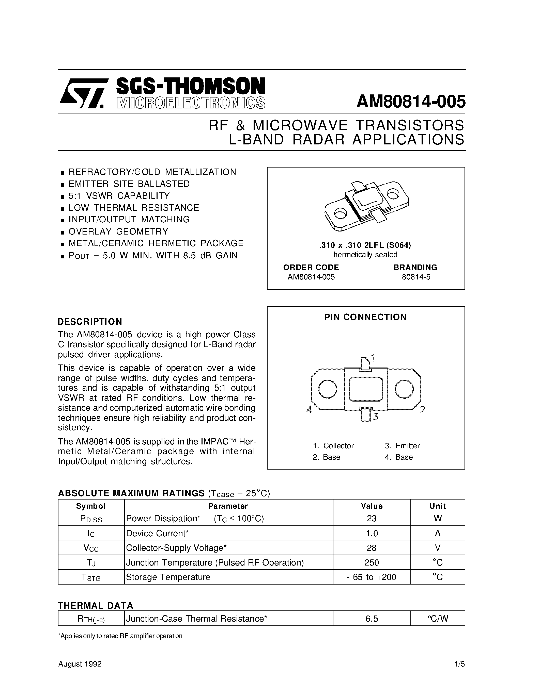 Datasheet AM80814-005 - L-BAND RADAR APPLICATIONS RF & MICROWAVE TRANSISTORS page 1