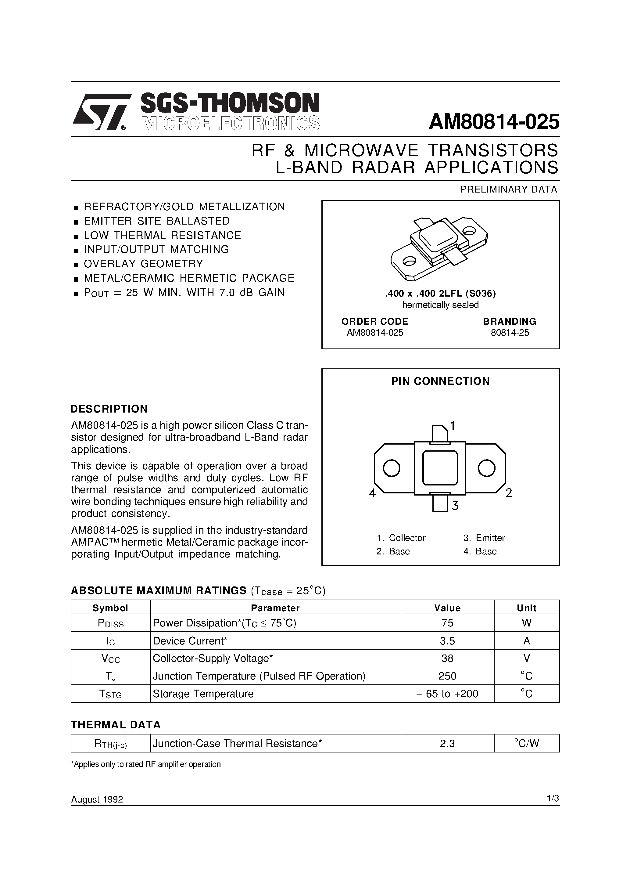 Даташит AM80814-025 - L-BAND RADAR APPLICATIONS RF & MICROWAVE TRANSISTORS страница 1