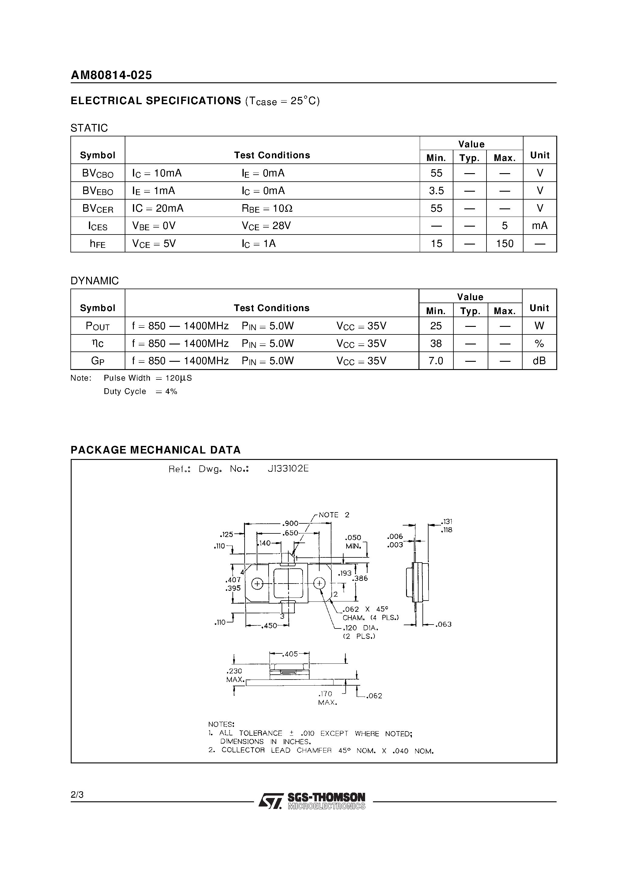 Даташит AM80814-025 - L-BAND RADAR APPLICATIONS RF & MICROWAVE TRANSISTORS страница 2